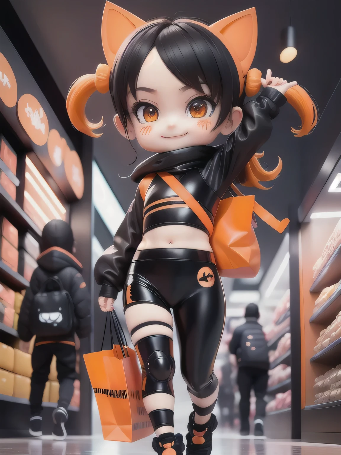 chibi, twins black and orange cat girl and boy, orange eyes, cute face, black hair, smiling, ((wearing ninja clothes)), (wearing ninja mask), shopping at the mall, carryng many bags, itens purshased into bag, girl wearing sensual ninja clothes, boy wearing tradicional ninja clothes