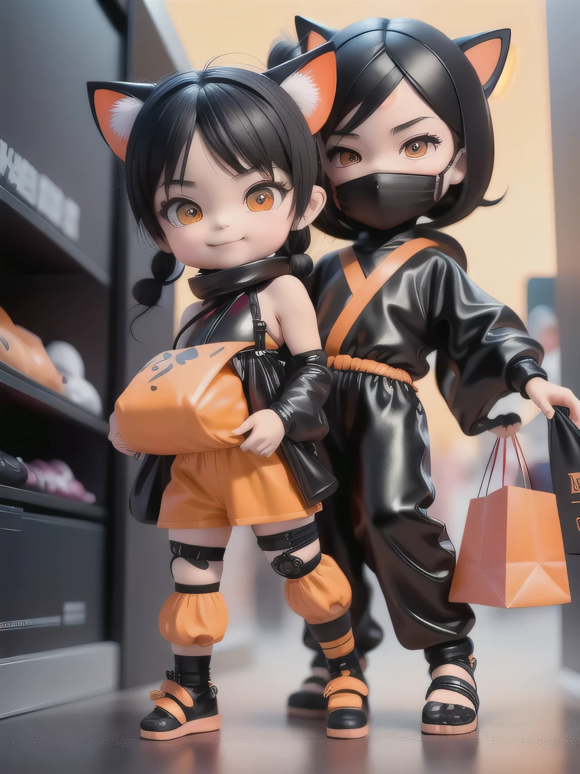 chibi, twins black and orange cat girl and boy, orange eyes, cute face, black hair, smiling, ((wearing ninja clothes)), (wearing ninja mask), shopping at the mall, carryng many bags, itens purshased into bag, girl wearing sensual ninja clothes, boy wearing tradicional ninja clothes
