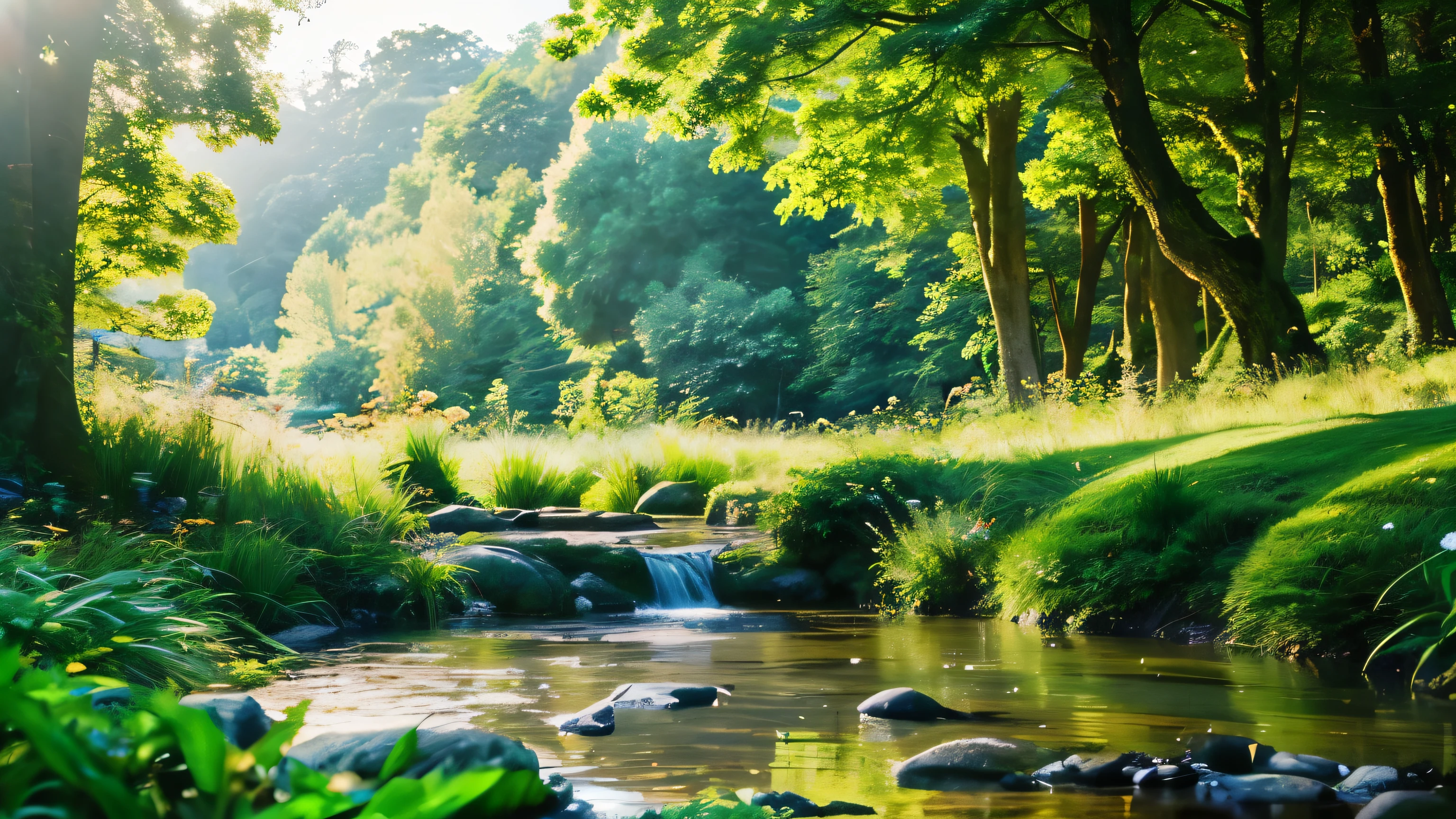 I took a photo of a peaceful moment spent in nature..。wood々Imagine a peaceful landscape bathed in soft morning light.。.。a gentle meandering stream、Surrounded by lush greenery。The overall atmosphere is calm and connected to the natural world.、Highlights the beauty and serenity of outdoor moments。