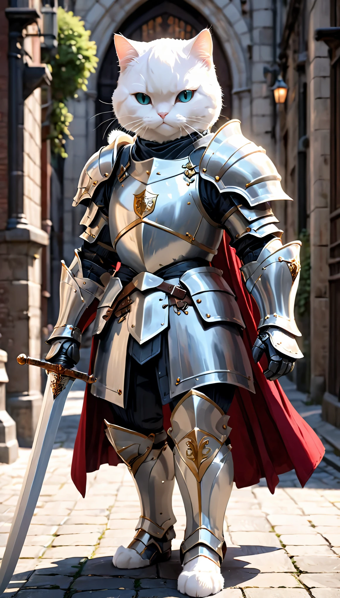 Flat coating,celluloid style,Flat screen,White Cat Knight,armor,Sword and Shield,8k,masterpiece,Super fine,high quality,