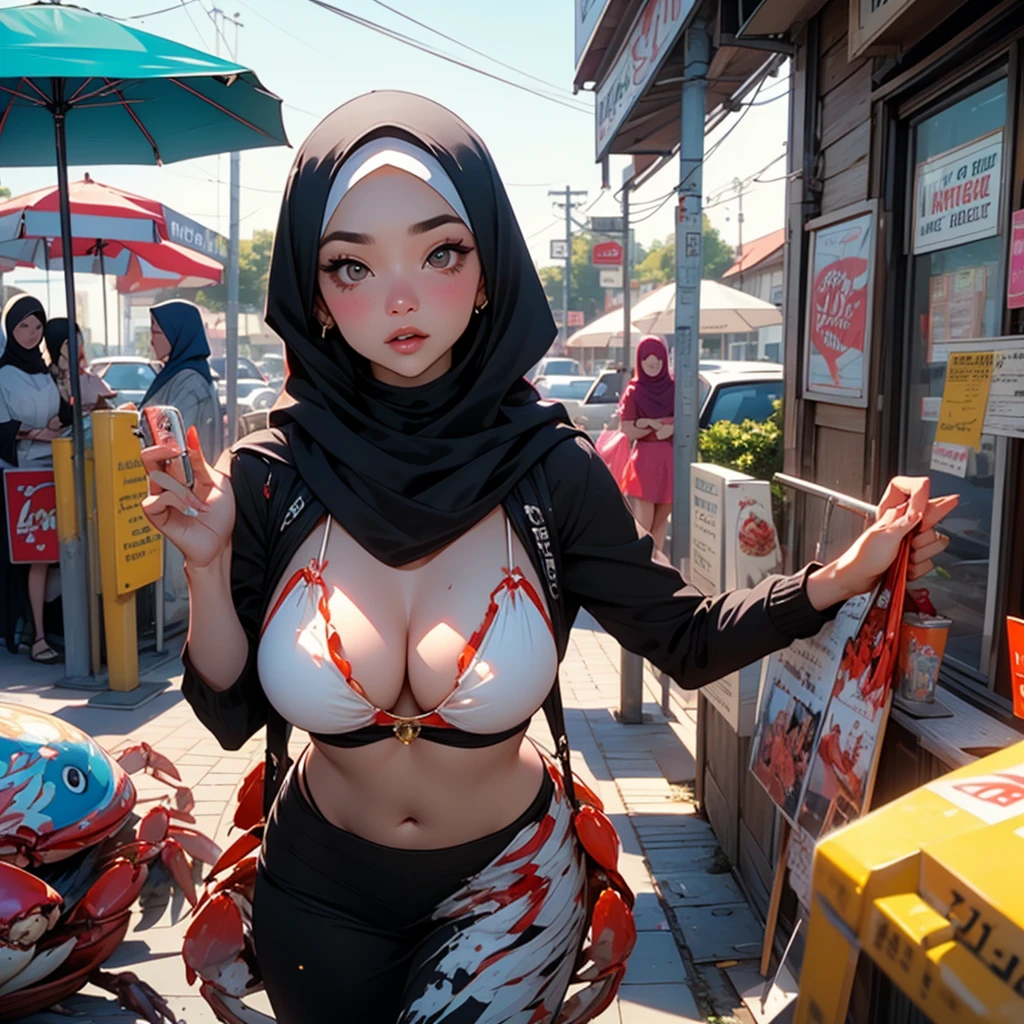 (A busty Malaysian woman, age 30, wearing a hijab and a crab themed bikini) waves a sign trying to get peoples attention for he Crab Shack diner she works at