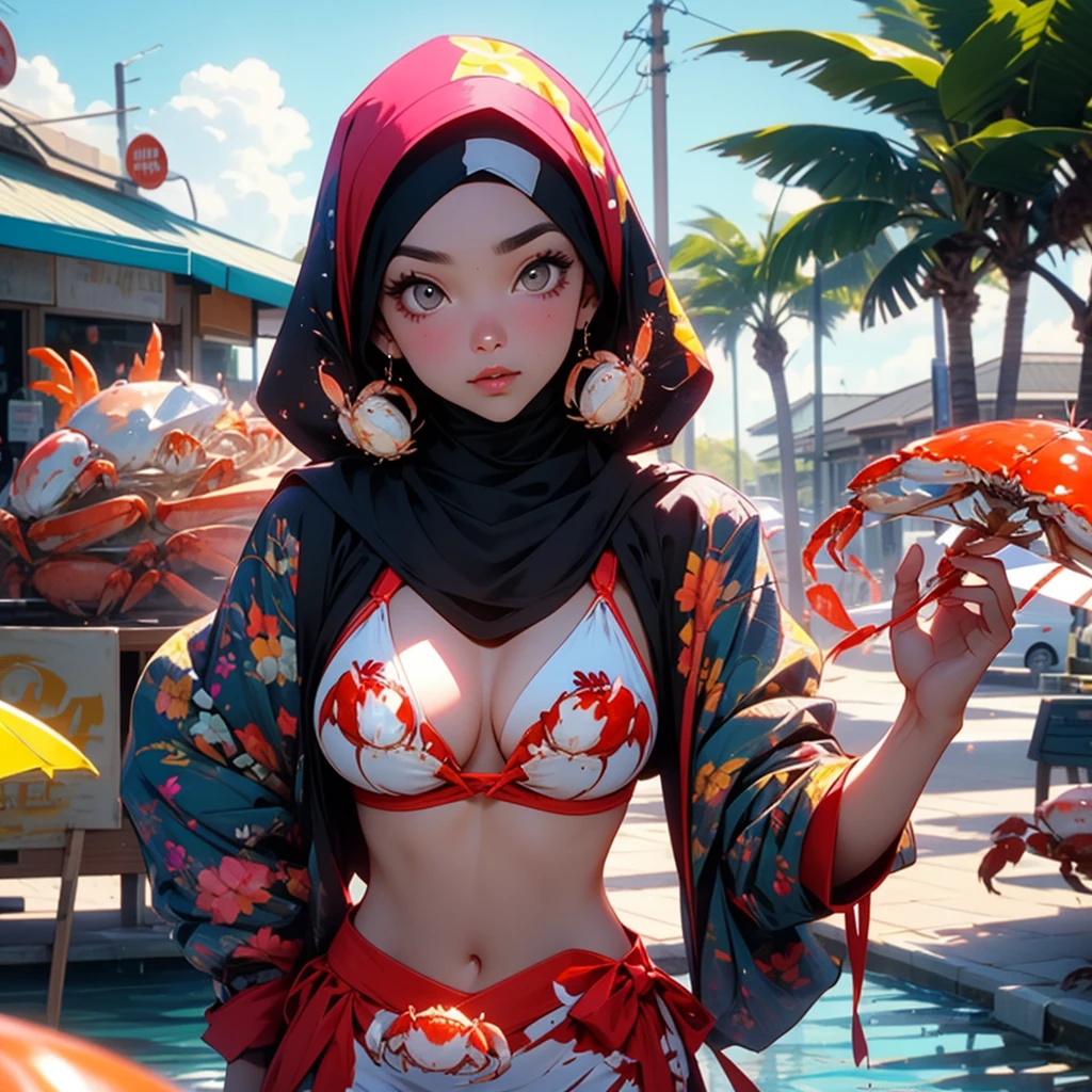 (A busty Malaysian woman, age 30, wearing a hijab and a crab themed bikini) waves a sign trying to get peoples attention for he Crab Shack diner she works at