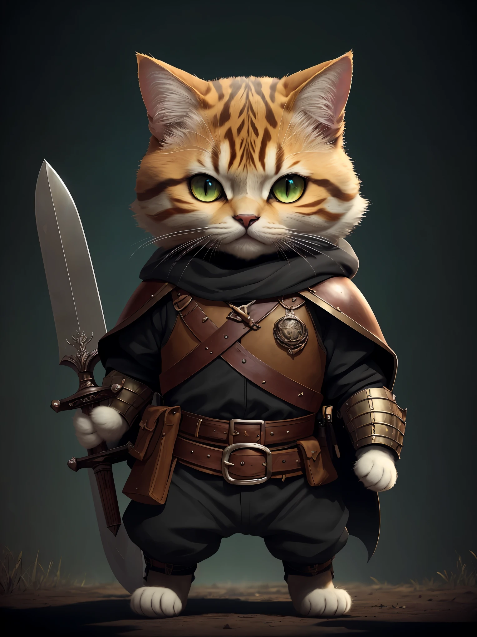 A cat knight in medieval armor holding a long sword, with a determined gaze, against the backdrop of an ancient castle and dense forest. Medium: illustration, Medium: 3D rendering, (best quality,4k,8k,highres,masterpiece:1.2),ultra-detailed,(realistic,photorealistic,photo-realistic:1.37), HDR, studio lighting, extreme detail description, vivid colors, sharp focus. Art style: fantasy, medieval, animal, action. Color tone: dark, earthy tones. Lighting: dramatic, emphasizing shadows and highlights.