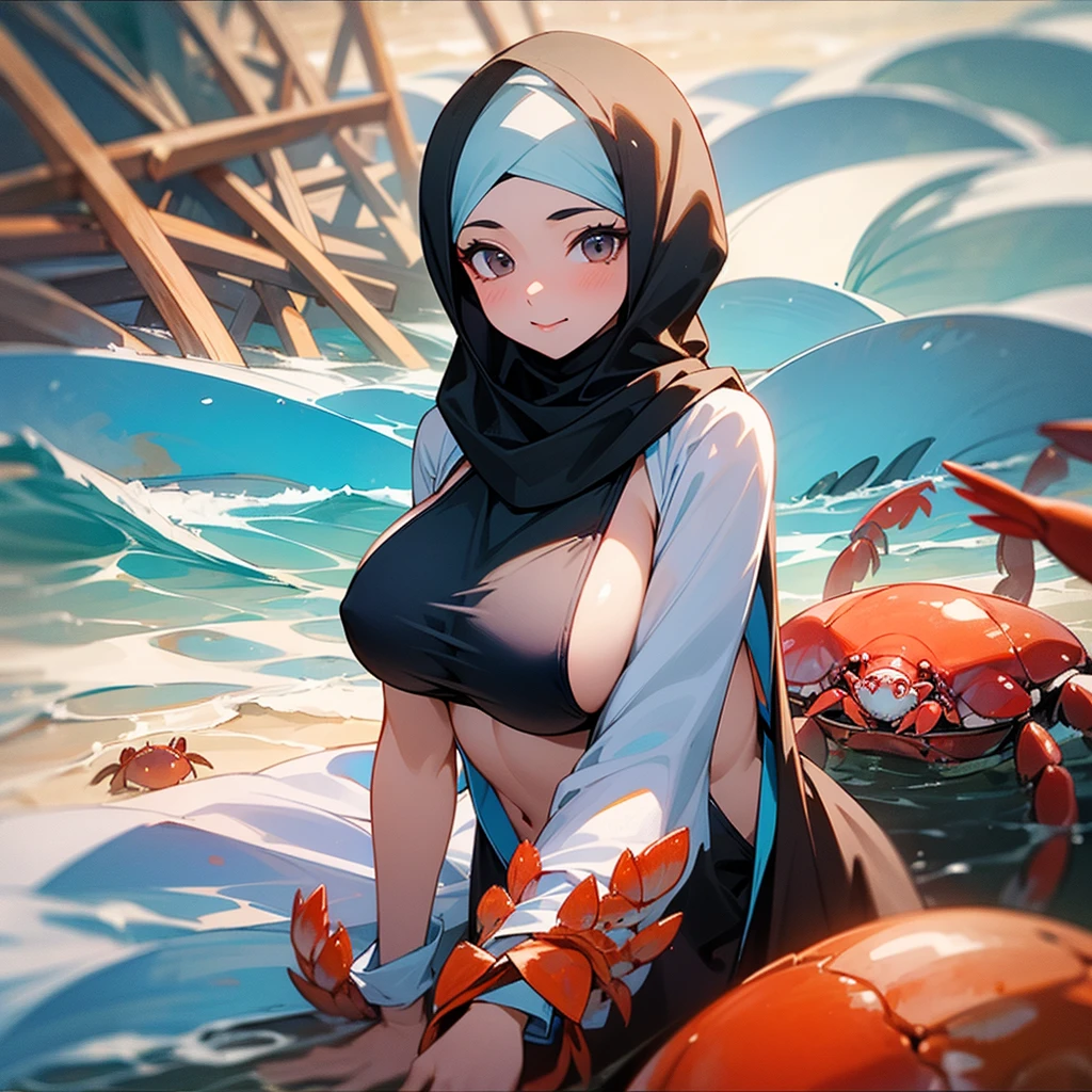 (A busty Malaysian woman, age 30, wearing a hijab and a crab themed bikini) waves a sign trying to get peoples attention for he Crab Shack diner she works at