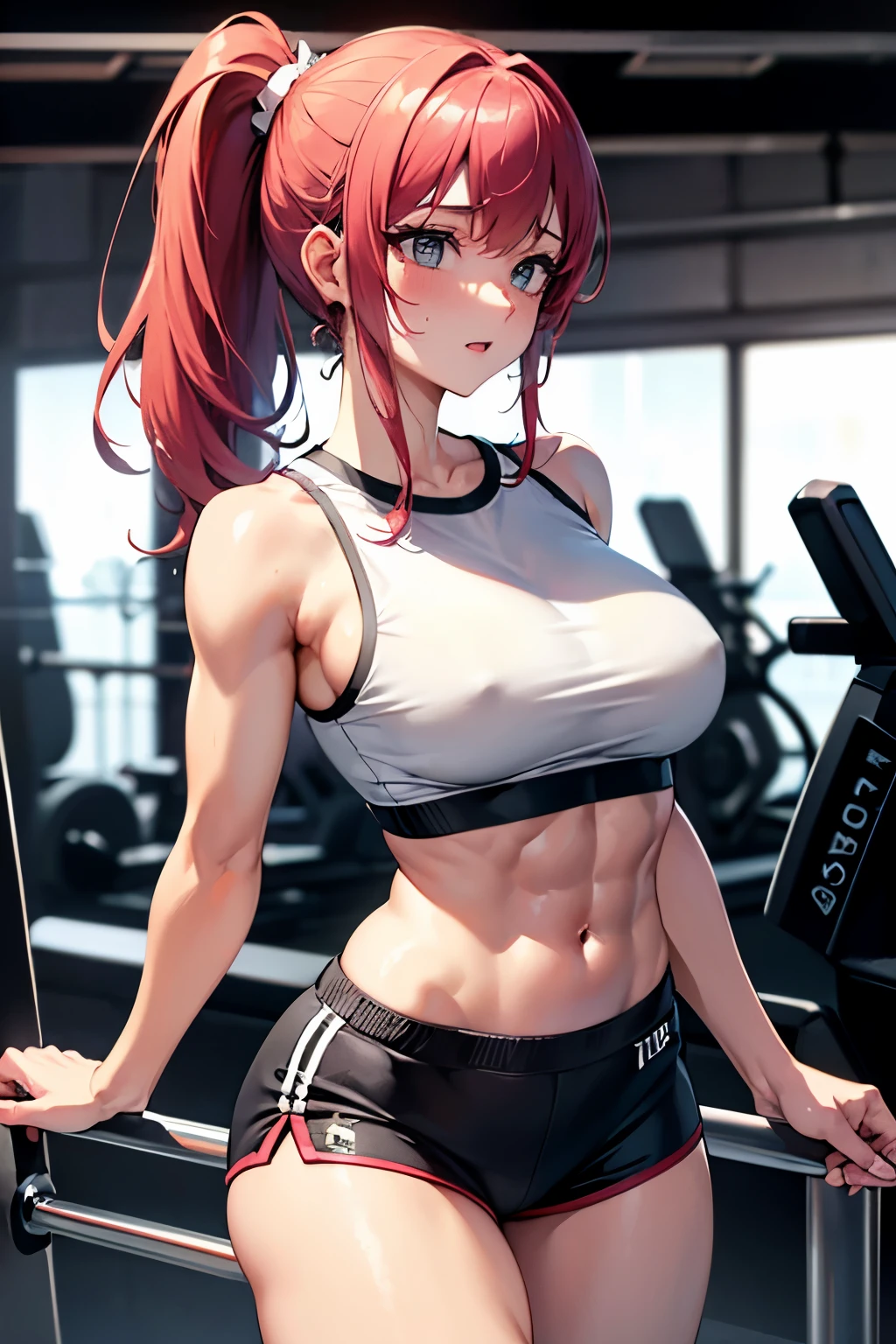 best quality, super fine, 16k, incredibly absurdres, extremely detailed, beautiful cute woman sweating in the gym, excited look, ivory short ponytail, wearing loose shirts, loose sports shorts, abs, superlative body proportion, lighting magic