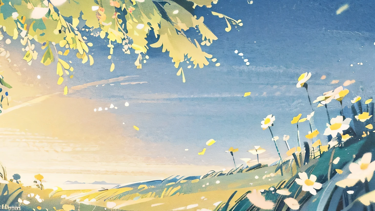 Pointillism, Cinematic, pure background, nobody, everyday life, story one scene, the lingering scent of memories, the end is , aesthetic, emotional, nostalgic, intricate illustration, elaborate, faded color,Daisies, That Evening Sun, English Post-it notes