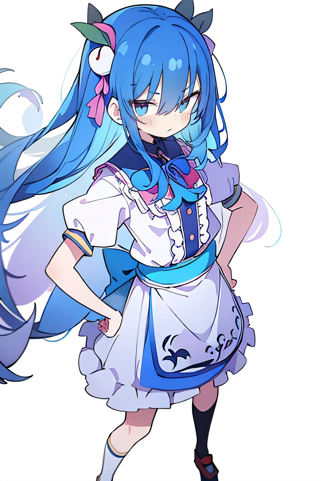 (masterpiece),best quality, expressive eyes, perfect face, 1girl,
 Put your hands on your waist,fair, Gorgeous,Japanese cartoons,girl,lola,Hina Angel, blue hair, blue haired, floating clothes,Grab your waist, Grab your waist, hands on hips , hands on hips,sit, sit on ground, Legs on the ground, flat chest