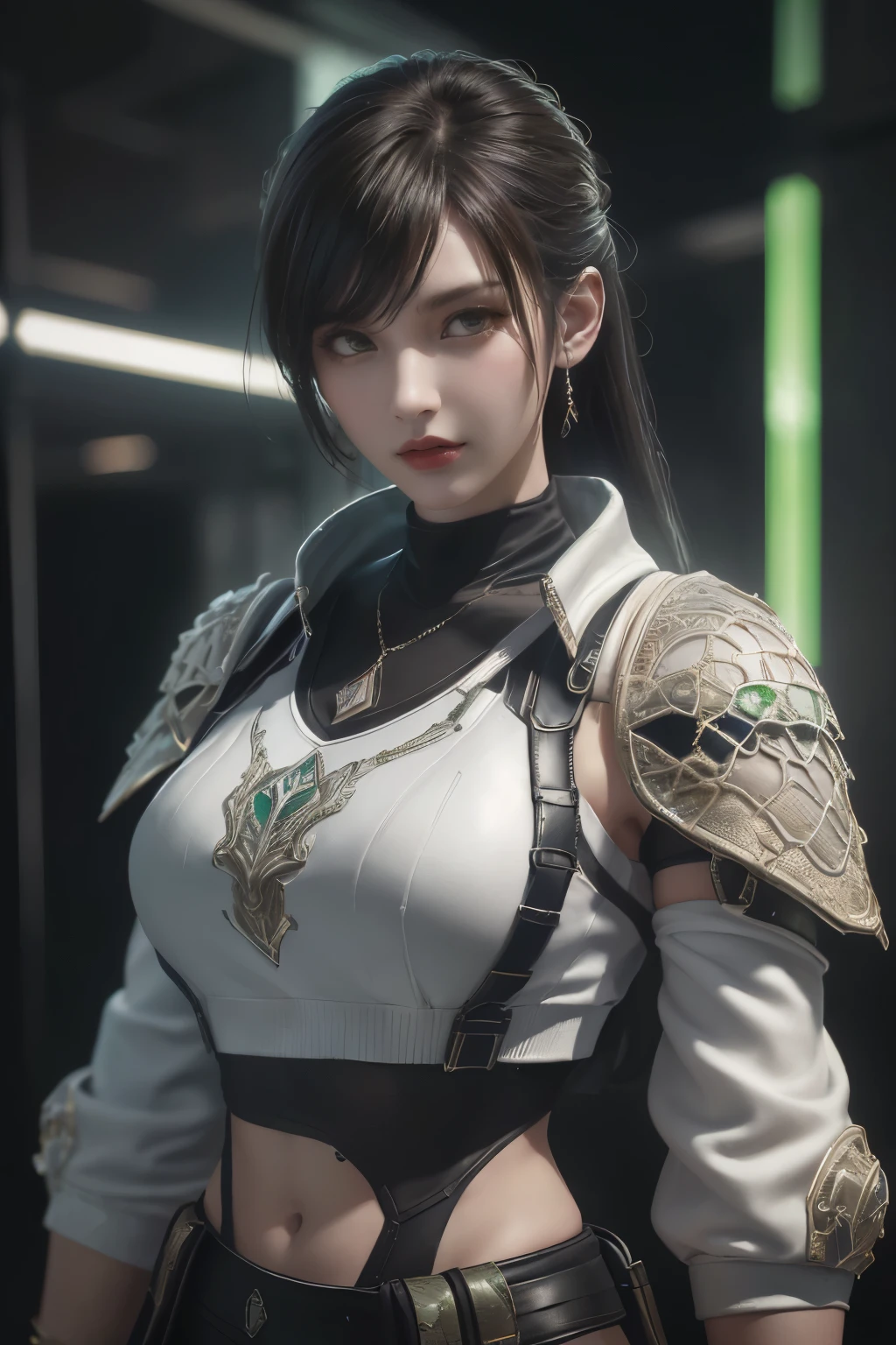 tmasterpiece,Best quality,A high resolution,8K,(Portrait photograph:1.5),(ROriginal photo),real photograph,digital photography,(Combination of cyberpunk and fantasy style),(Female soldier),20 year old girl,random hair style,By bangs,(Red eyeigchest, accessories,Redlip,(He frowned,Sneer),(Cyberpunk combined with fantasy style clothing,Openwork design,joint armor,police uniforms,White jacket,Green),exposing your navel,Photo pose,Realisticstyle,Thunder and lightning on rainy day,(Thunder magic),oc render reflection texture