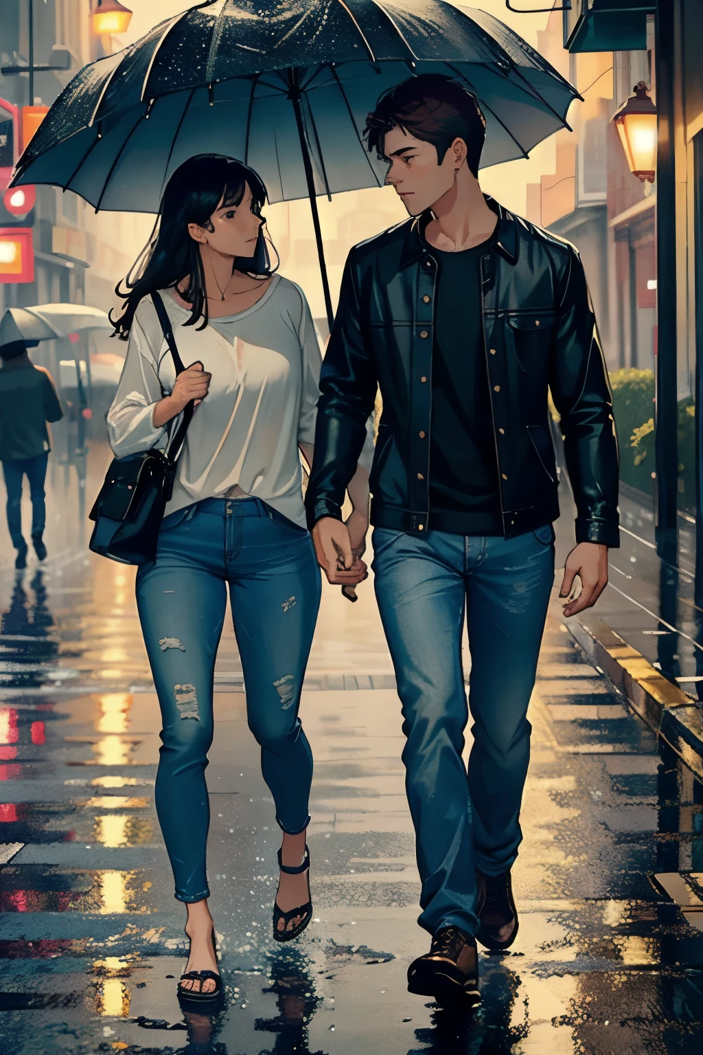 Top-quality masterpiece, heartfelt apology scene, Male and female couples, Raindrops cascading on windshield, Laid-back posture of the man, Sheila with expressive face, Slightly Maple syrup hair, Umbrella in hand, Dripping rainwater, Touching her arm consolingly, Splash of water on her denim jeans, Puddles on the pavement, Reflected streetlights, Dimly lit surroundings, Realistic rain effects, Detailed facial expressions, Highly articulated body language.

The shock of the sudden rainstorm struck us both, the unexpected downpour drenched us in seconds, leaving pudd