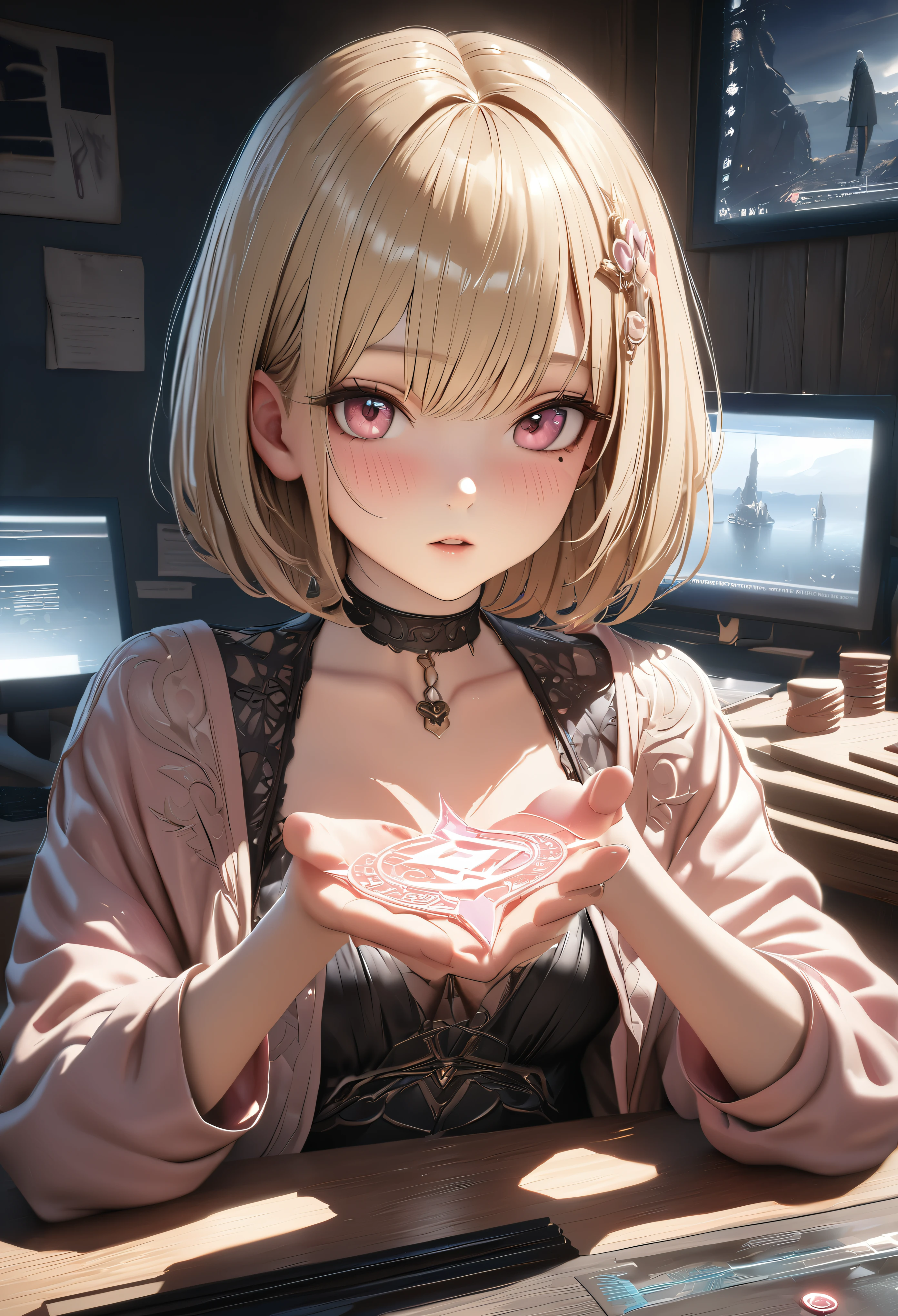 masterpiece,highest quality, Super detailed, High resolution, expensive resolution, HDR, 4k, 8K, unity 8k wallpaper, Super detailed CG, masterpiece, realistic, 2D, 3D, beautiful details, depth, fine texture , super fine: 1.3, Fully focused, Crispy.skin, .he,
Very cute anime girl 、magic chant、magic spell、blonde short hair wearing expensive , one girl、alone, blonde short hair、computer、disk、mole under the eye, looking at the viewer , expensive , blush, mole, parted lips, hair ornaments, heart, pink eyes, choker