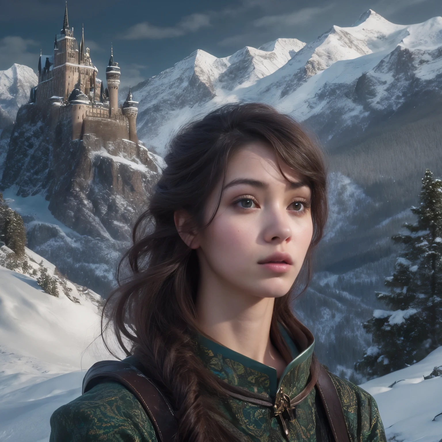 ((master piece)),best quality, illustration, dark, 1girl, In the wilderness,High mountain,Snow-capped mountains in the distance, castle, beautiful detailed eyes, beautiful detailed hair,