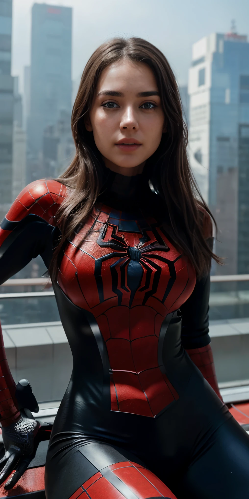 (1girl:1.3), Solo, (((Very detailed face)))), ((Very detailed eyes and face)))), Beautiful detail eyes, Body parts__, Official art, Unified 8k wallpaper, Super detailed, beautiful and beautiful, beautiful, masterpiece, best quality, original, masterpiece, super fine photo, best quality, super high resolution, realistic realism, sunlight, full body portrait, amazing beauty, dynamic pose, delicate face, vibrant eyes, (from the front), She wears Spider-Man suit, red and black color scheme, spider, very detailed city roof background, rooftop, overlooking the city, detailed face, detailed complex busy background, messy, gorgeous, milky white, highly detailed skin, realistic skin details, visible pores, clear focus, volumetric fog, 8k uhd, DSLR, high quality, film grain, fair skin, photo realism, lomography, futuristic dystopian megalopolis, translucent