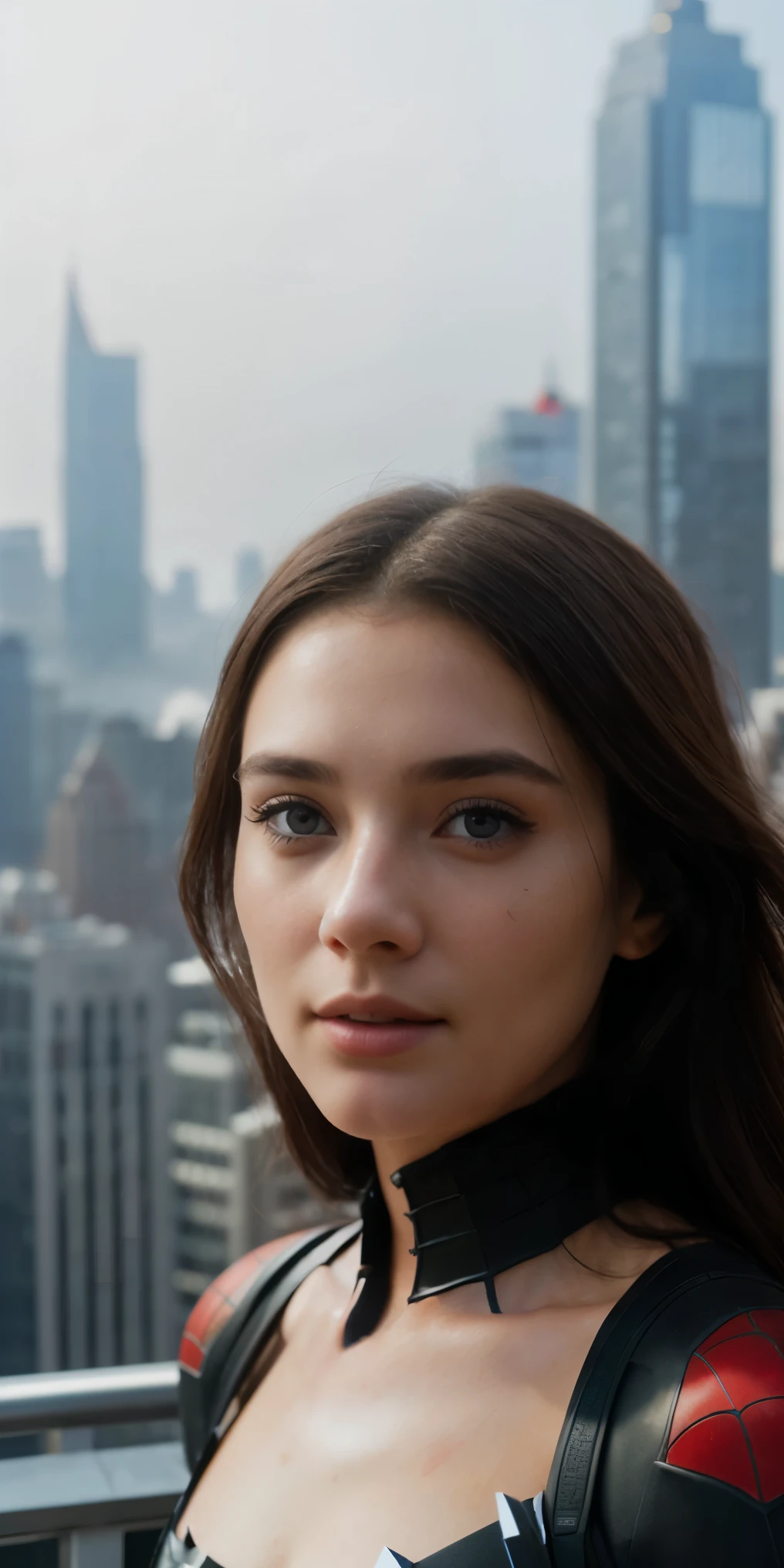 (1girl:1.3), Solo, (((Very detailed face)))), ((Very detailed eyes and face)))), Beautiful detail eyes, Body parts__, Official art, Unified 8k wallpaper, Super detailed, beautiful and beautiful, beautiful, masterpiece, best quality, original, masterpiece, super fine photo, best quality, super high resolution, realistic realism, sunlight, full body portrait, amazing beauty, dynamic pose, delicate face, vibrant eyes, (from the front), She wears Spider-Man suit, red and black color scheme, spider, very detailed city roof background, rooftop, overlooking the city, detailed face, detailed complex busy background, messy, gorgeous, milky white, highly detailed skin, realistic skin details, visible pores, clear focus, volumetric fog, 8k uhd, DSLR, high quality, film grain, fair skin, photo realism, lomography, futuristic dystopian megalopolis, translucent