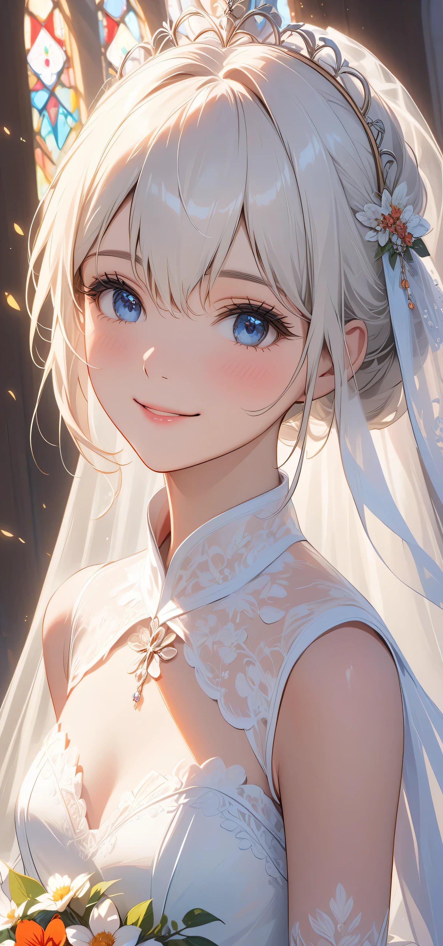masterpiece, top quality, Super details, 8K, Detail lights, Detailed shadows, raw, (delicate skin), (real: 1.2),, 1 girl, white hair, Wedding dress,Eye close-up,church,flat chest,Smile