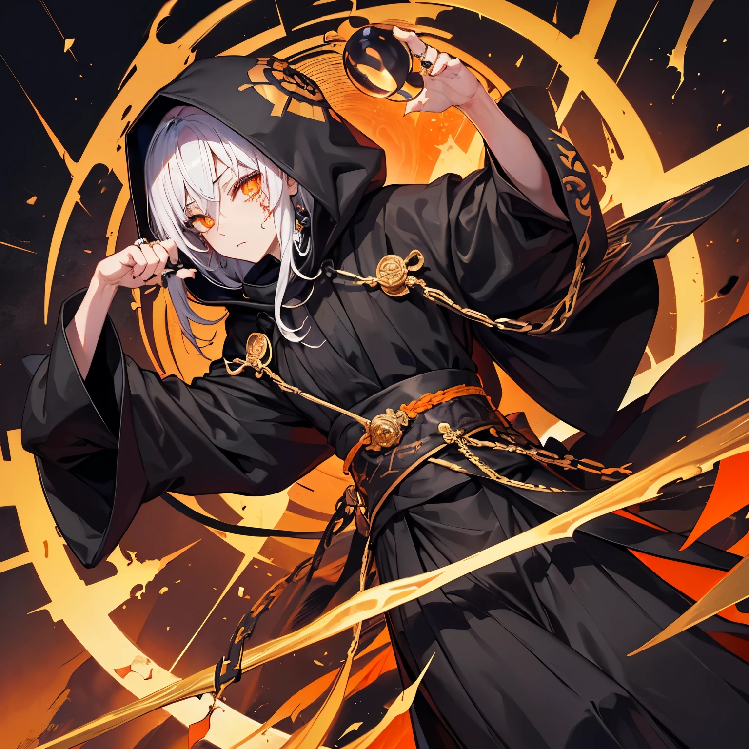 (masutepiece)(high-detail)(intimidating angle)frmale in his 20s、art tattoo under eyes、black robe hood off with golden les、Slightly bloody、grim facial expression、Decadent heavenly atmosphere, solo, 1girl, orange eyes with ring pattern,