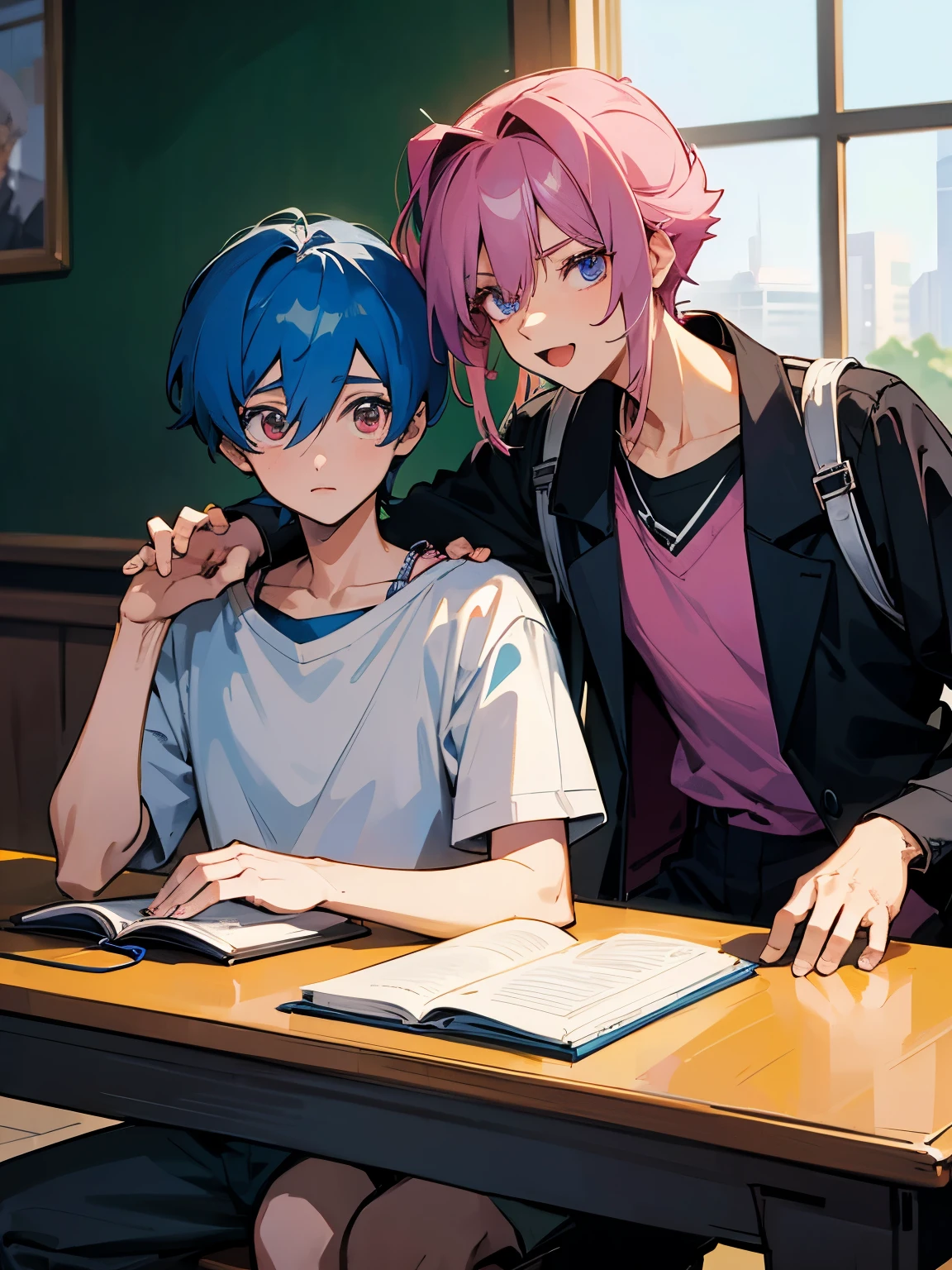 cartoon of two boys sitting at a table with a book and a backpack, ddlc, in the art style of 8 0 s anime, 9 0 s anime style, 90s anime style, in anime style, in an anime style, anime aesthetic, anime vibes, 9 0 s anime aesthetic, 9 0 s anime art style, lofi boy, typical anime classroom, beautiful background window, two cute boys, beautiful faces, two boys, don't extra hands, NO extra hands, generate two boys with NO extra hands, NO extra arm