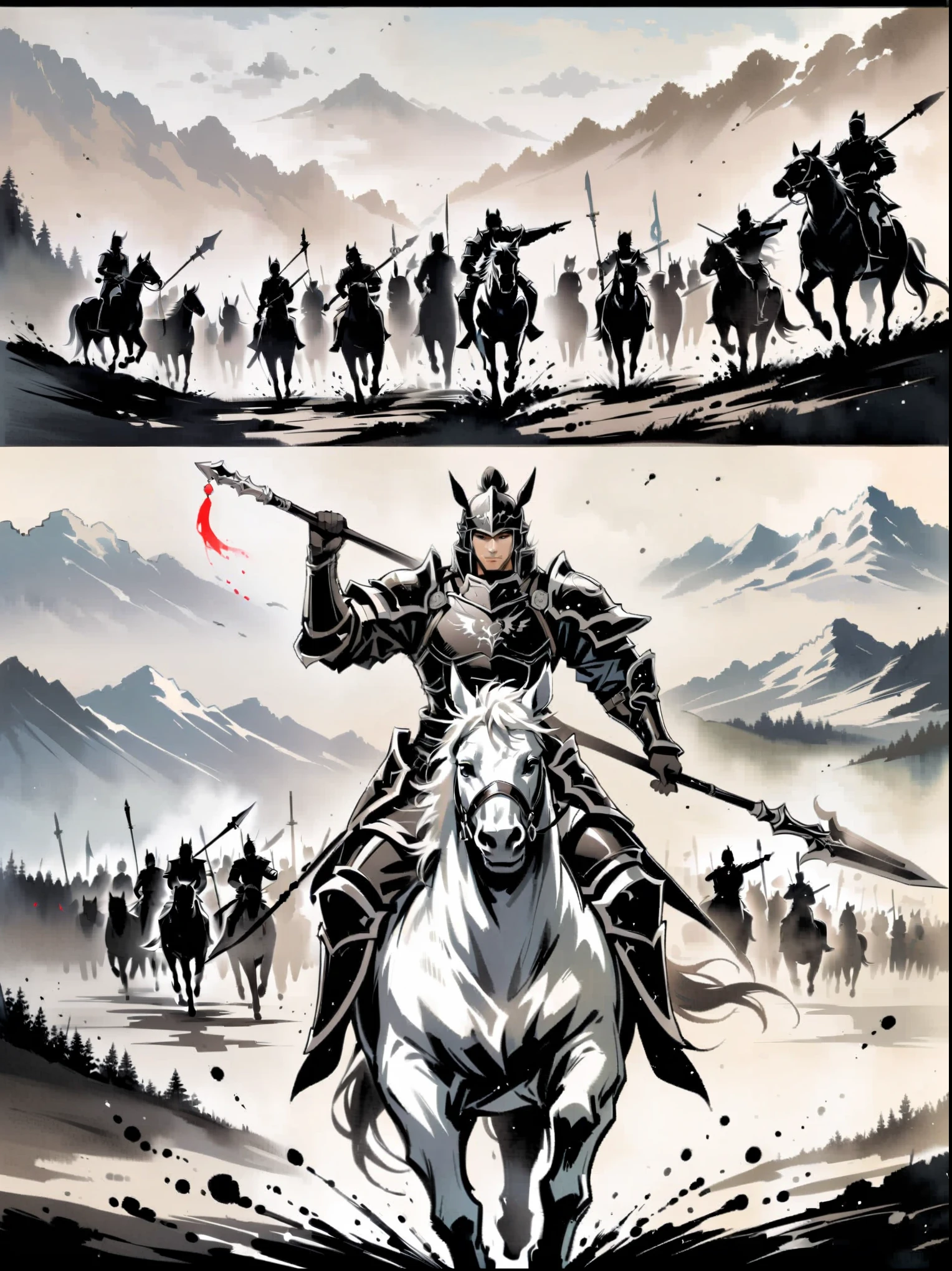 masterpiece,Collage, tree,mountains, ink painting,a painting of a man on a horse with a sword in his hand and a group of men on horses in the background,1boy,holding,secretion,weapon,greyscale,male focus,sword,holding weapon,armor,helmet,polearm,spear,riding,holding polearm,horse,horseback riding,letterboxed,spot color,