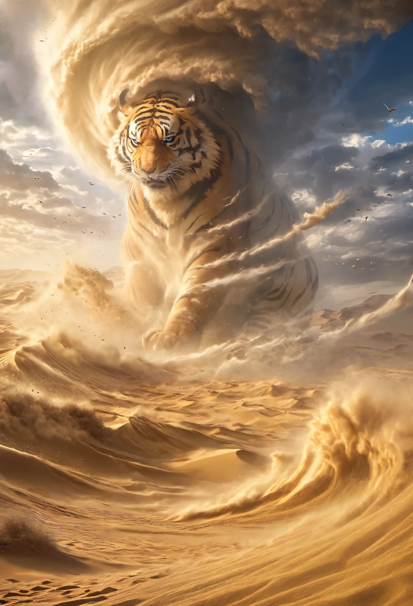 masterpiece, best quality, extremely detailed, hyperrealistic, photorealistic, desert, tornado rolled up the yellow sand and covered the sky, tiger made of sand:1.2, dust effect, floating, sandstorm, tornado, strong wind, wave