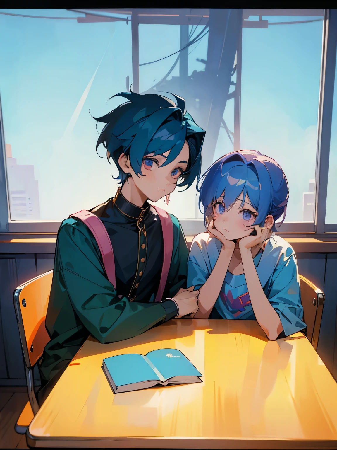 cartoon of two boys sitting at a table with a book and a backpack, ddlc, in the art style of 8 0 s anime, 9 0 s anime style, 90s anime style, in anime style, in an anime style, anime aesthetic, anime vibes, 9 0 s anime aesthetic, 9 0 s anime art style, lofi boy, typical anime classroom, beautiful background window, two cute boys, beautiful faces, two boys, don't extra hands, NO extra hands, generate two boys with NO extra hands, NO extra arm