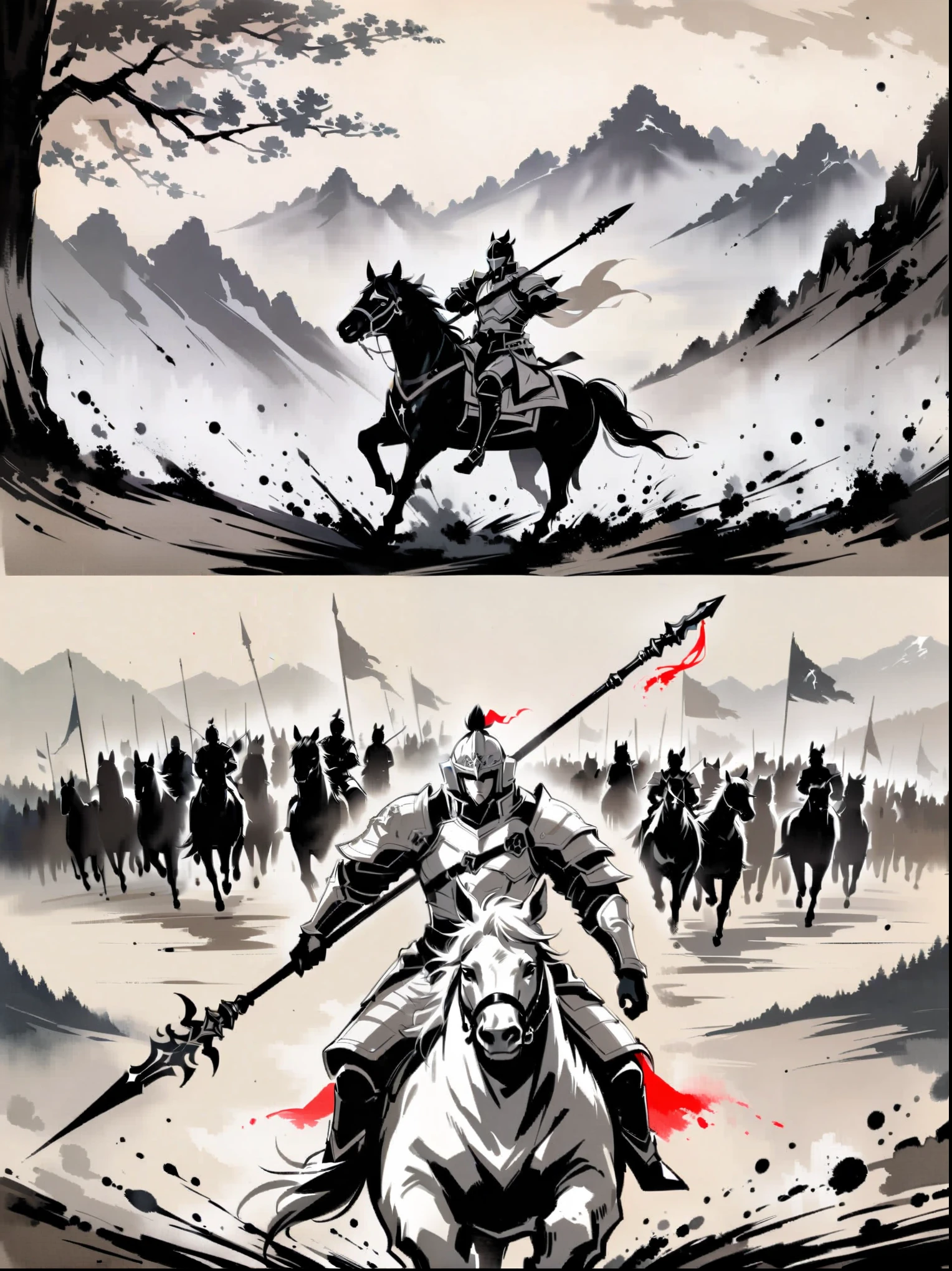 masterpiece，Collage, tree,mountains, ink painting,a painting of a man on a horse with a sword in his hand and a group of men on horses in the background,1boy,holding,secretion,weapon,greyscale,male focus,sword,holding weapon,armor,helmet,polearm,spear,riding,holding polearm,horse,horseback riding,letterboxed,spot color,