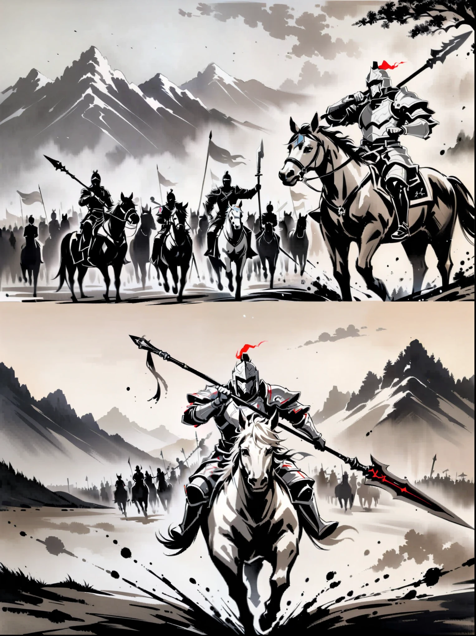 masterpiece,Collage, tree,mountains, ink painting,a painting of a man on a horse with a sword in his hand and a group of men on horses in the background,1boy,holding,secretion,weapon,greyscale,male focus,sword,holding weapon,armor,helmet,polearm,spear,riding,holding polearm,horse,horseback riding,letterboxed,spot color,