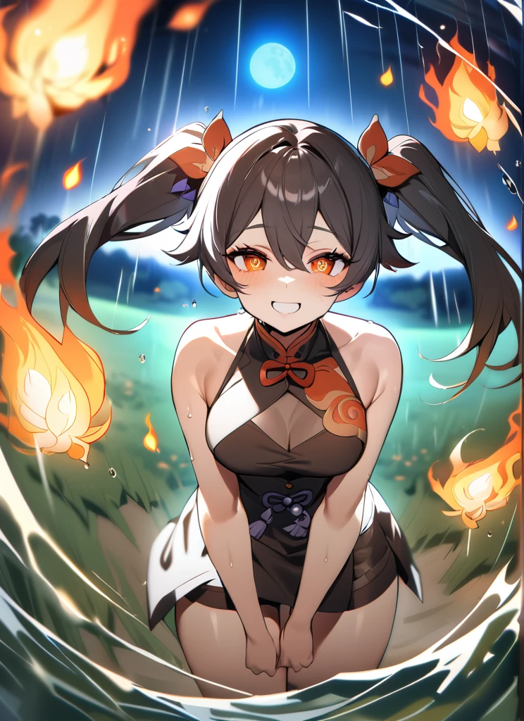 masterpiece, highest quality, 1 girl, futao \(genshin impact\) \(cosplay\),  Manjushaka, (fire:1.2) flowers, blurry, field, (water:1.2), bare shoulders, rain, moonlight, looking at the viewer, throw,  See-through, twin tails, Flower shaped eyes, laughter, Fisheye Shot,  