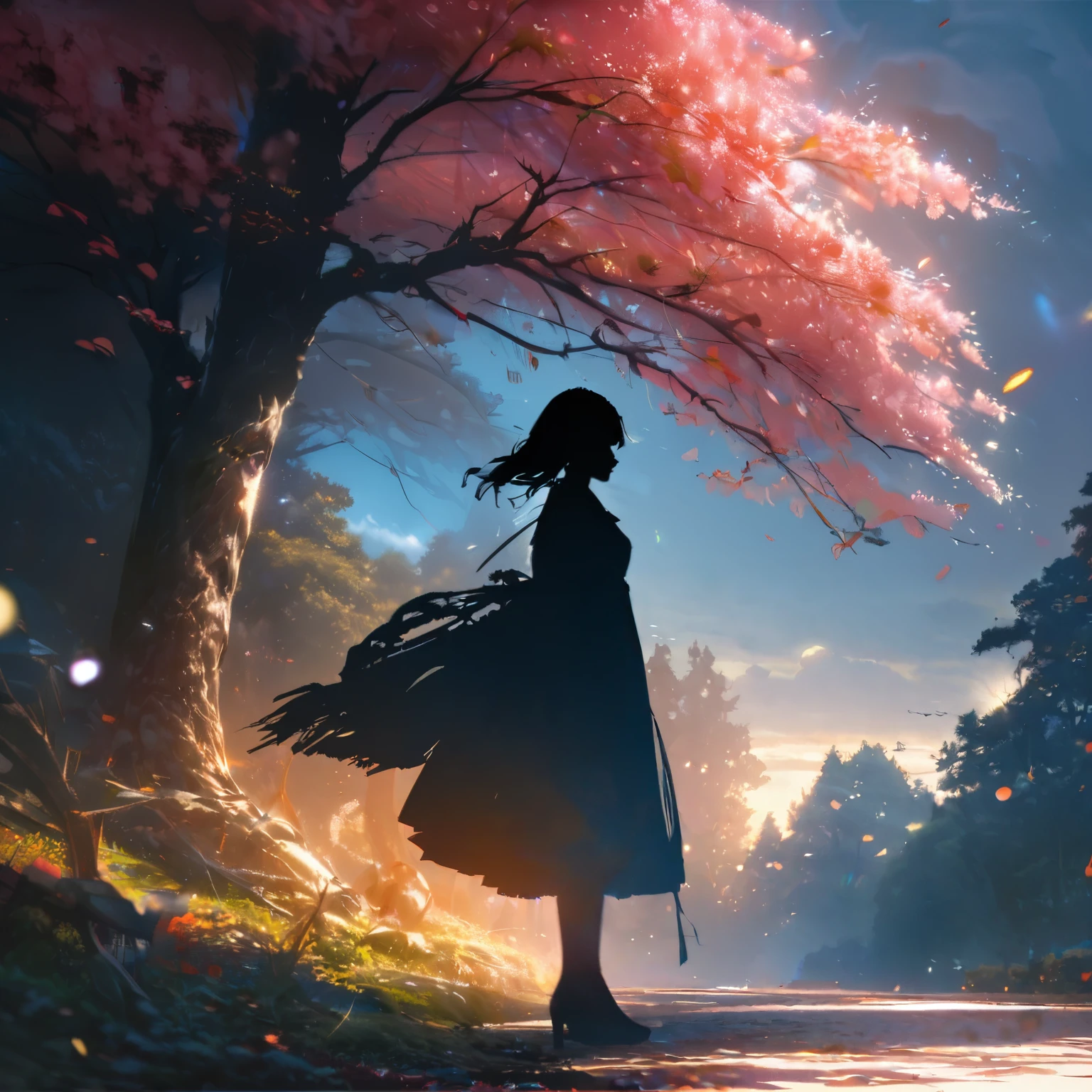 (best quality,8k,highres, masterpiece:1.2), ultra-detailed, HDR, UHD, studio lighting, ultra-fine painting, sharp focus, physically-based rendering, extreme detail description, professional, vivid colors, bokeh, portraits, concept artists, warm color palette, dramatic lighting,magnolias in full bloom, in front of the magnolia tree in the park, tears, the sun is behind the magnolia tree, backlight, multiple exposure, complex scene,(silhouette art),side view,Tears flutter in the wind