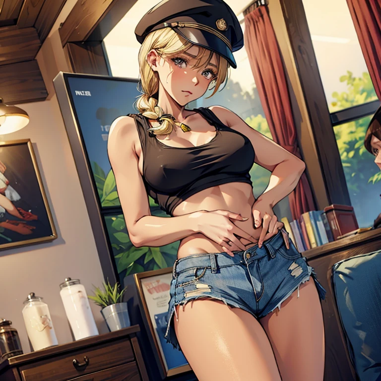 An American gal, tall, blonde long hair, beauty anime face, Face in love, super high resolution, masterpiece, black police hat, white tank top, transparent breasts, belly button visible, torn denim shorts, sexy pose, crotch emphasis, crotch touching, nice body, only one person in the room, inviting gesture