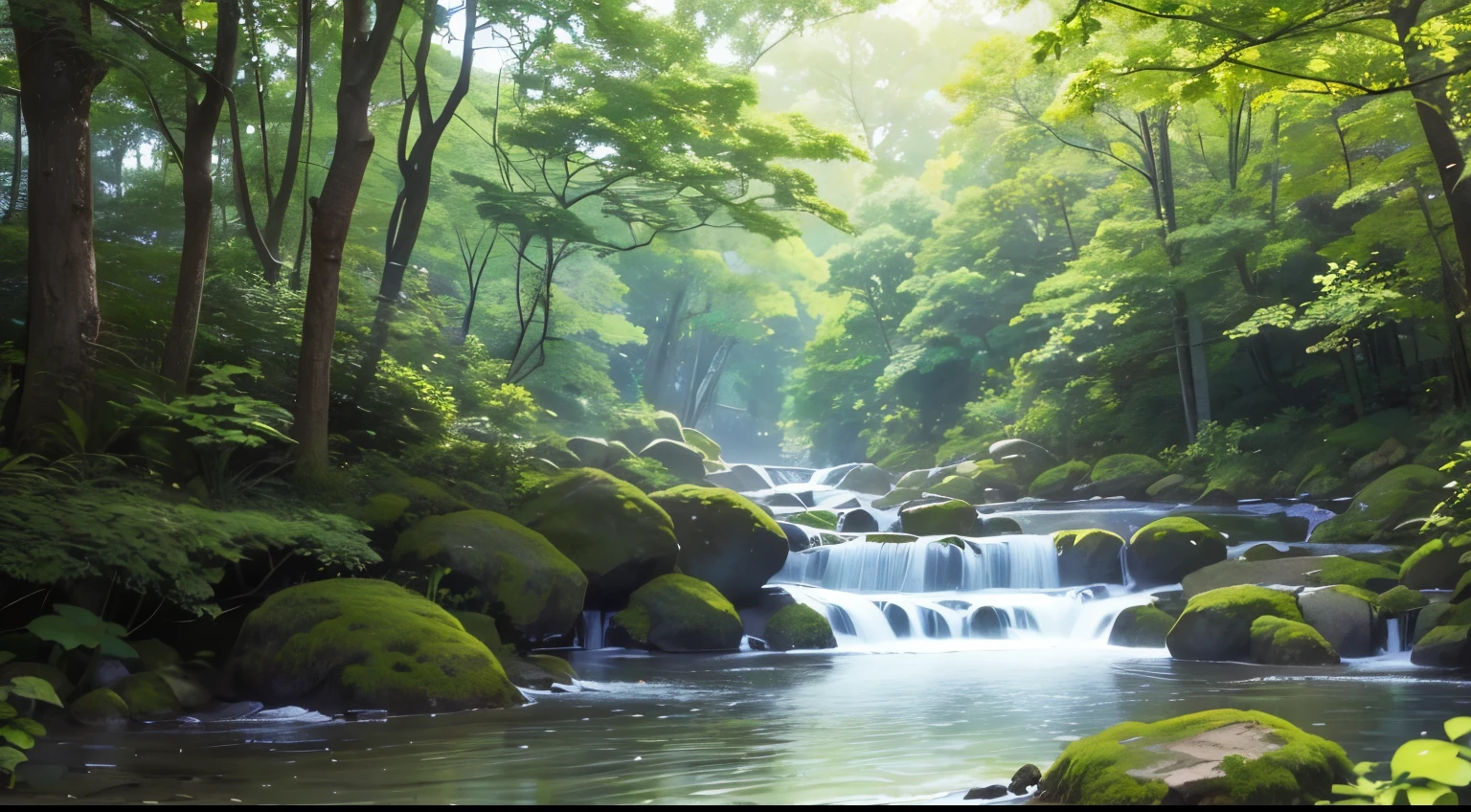 I took a photo of a peaceful moment spent in nature...。wood々Imagine a serene landscape illuminated by soft morning light.。.。gently meandering flow、Surrounded by lush greenery。The overall atmosphere is calm and connected to the natural world.、Highlights the beauty and tranquility of outdoor moments。