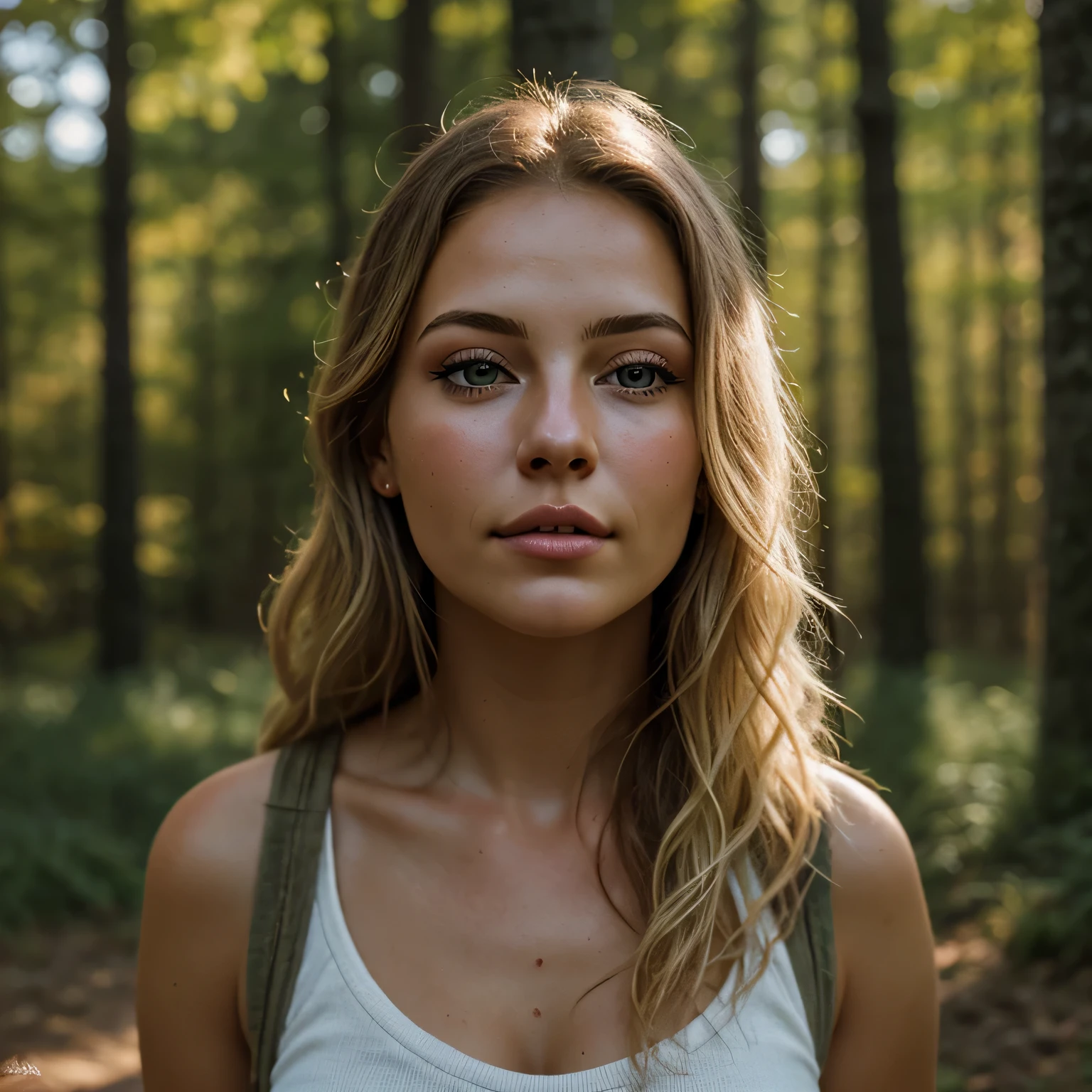 Create a realistic, high-resolution (8k) image of a young, blonde, American woman enjoying a peaceful stroll in the woods, subtle shadows, light shining through the leaves, natural beauty, flowing hair, beautiful detailed eyes, beautiful detailed lips, long eyelashes, gentle breeze
