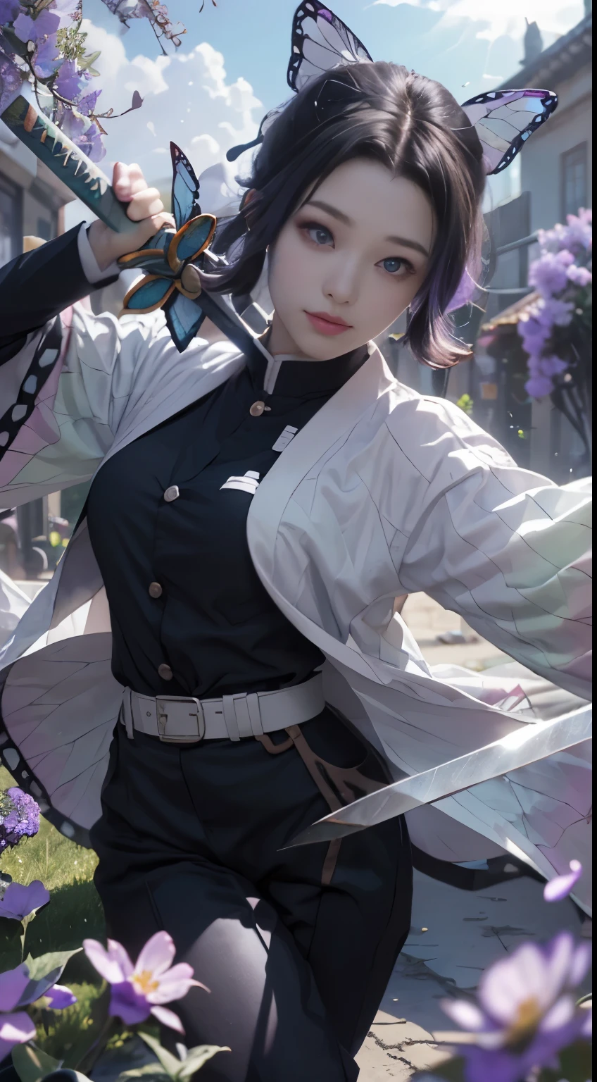 Ultra-realistic 8k CG, masterpiece, close, (weapon in hand: 1.2), (attack: 1.2), beauty, goddess, from the front, face sticking out, (super detailed background, delicate pattern, intricate details)), high quality, highly detailed face, highly detailed eyes and face, highly detailed eyes, kocho shinobi, colorful hair, No bangs, hair intake, purple eyes, amount, black shirt, black pants (Haori, butterfly, button, belt, (garden: 1.2), purple flowers, Chibi, cloudy null, sunlight, Tyndall effect, Slope_null, face, gorgeous null, Sword at the waist,