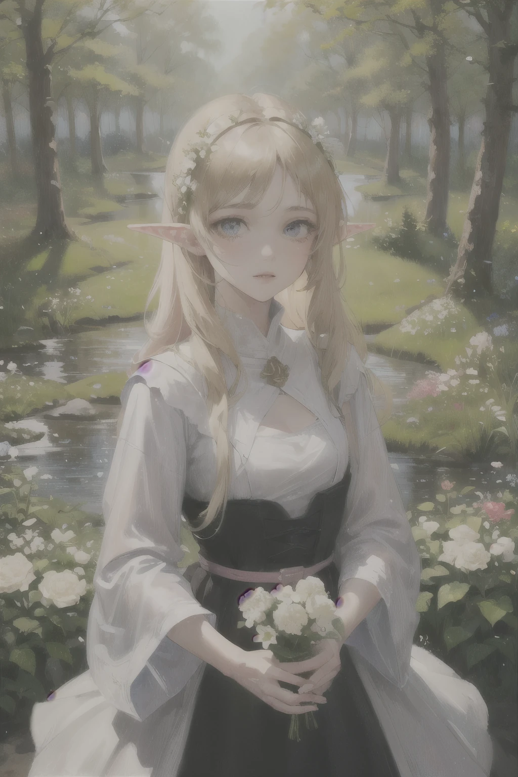 middle Ages, Beautiful face of girl, long blonde hair, Elf ears, Wearing a linen dress, pray, outdoor,forest,(stream,white flowers,Pink flowers oil painting,