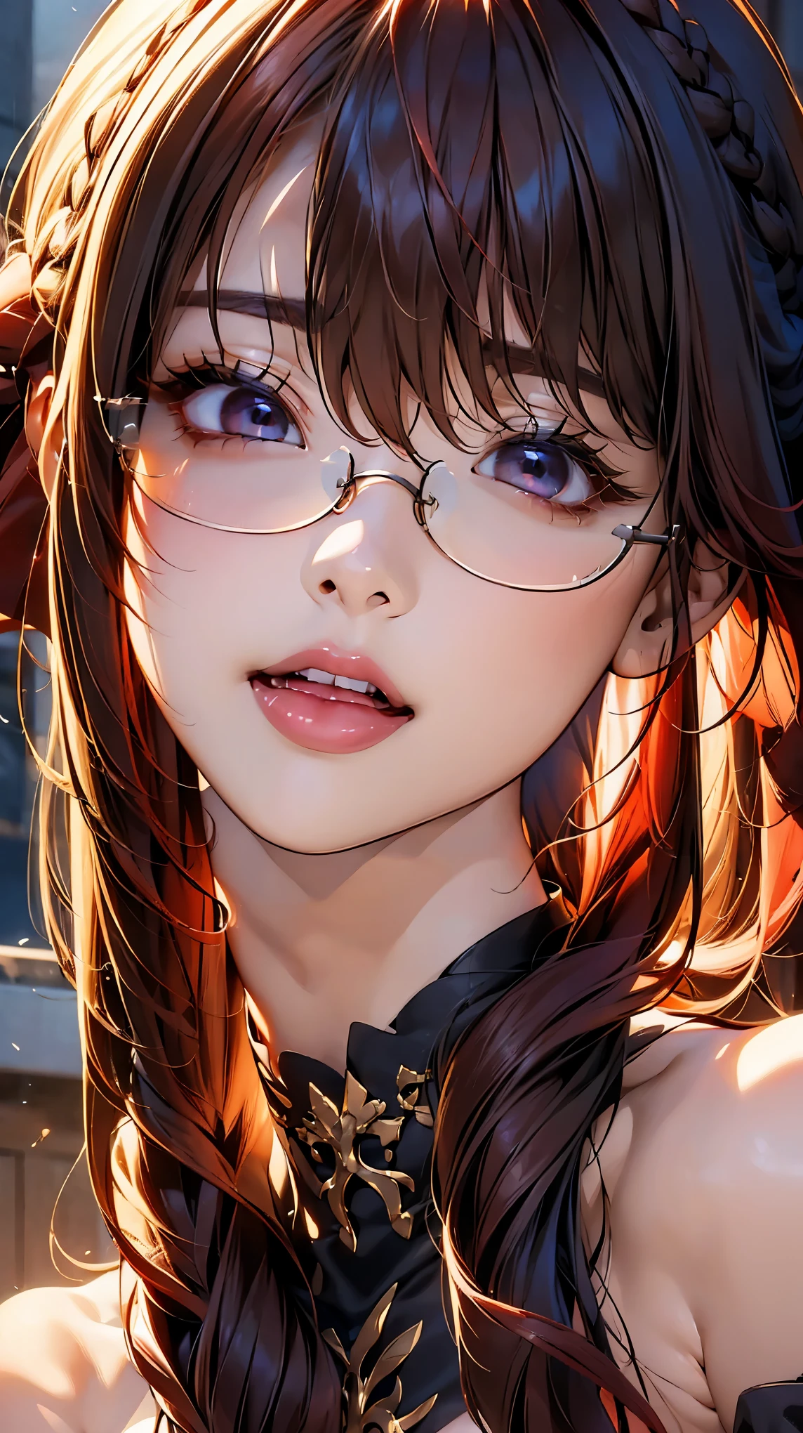 (NSFW:1.2), (8K, RAW photo, best image quality, masterpiece: 1.4), (Highly detailed CG Unity 8K wallpaper, highest quality, High resolution: 1.2), (ultra_be familiar with, UHD: 1.2), super highly be familiar with, (realistic, realistic: 1.48), 1 girl, focus only, (red hair:1.5), (Braid:1.5), side lock, bangs, ((dark purple eyes:1.4, round eyes, beautiful eyelashes)), clear eyes, Glasses, Big breasts, very big breasts, shiny hair,  beautiful be familiar with cold face, enchanting smile, Beautiful and delicate eyes with intricate details, very accurate details,  skin dents, outdoor, perfect face, be familiar with顔, perfect body, beautiful eyes, beautiful face,(face focus),(Portrait:1.5),beautiful clavicle,upward glance,stick out tongue,choker,Mischievous face