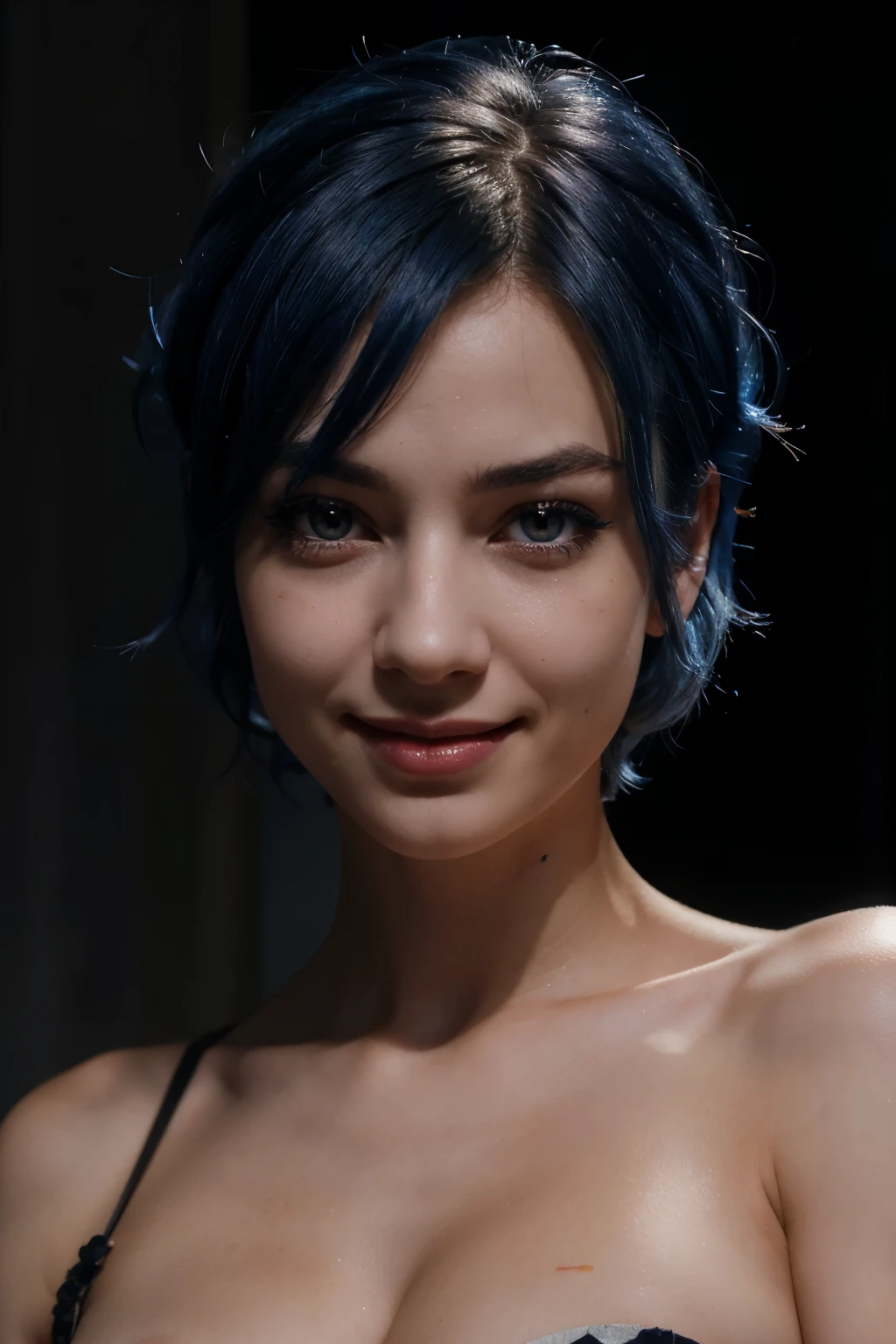 A woman, with uneven hair, smiling, short blue hair, low red eyes, defined eyelashes, highly real, UHD, chiaroscuro, super detailed