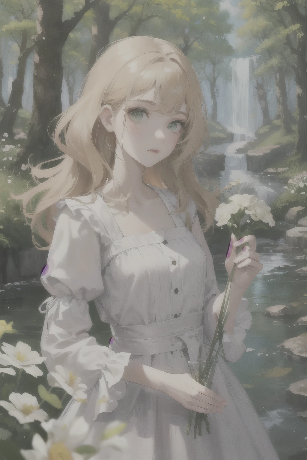 middle Ages, Beautiful face of girl, long blonde hair, green eyes, Wearing a linen dress, Holding flowers in hand, outdoor，forest，((stream))，white flowers，pink flowers,painting