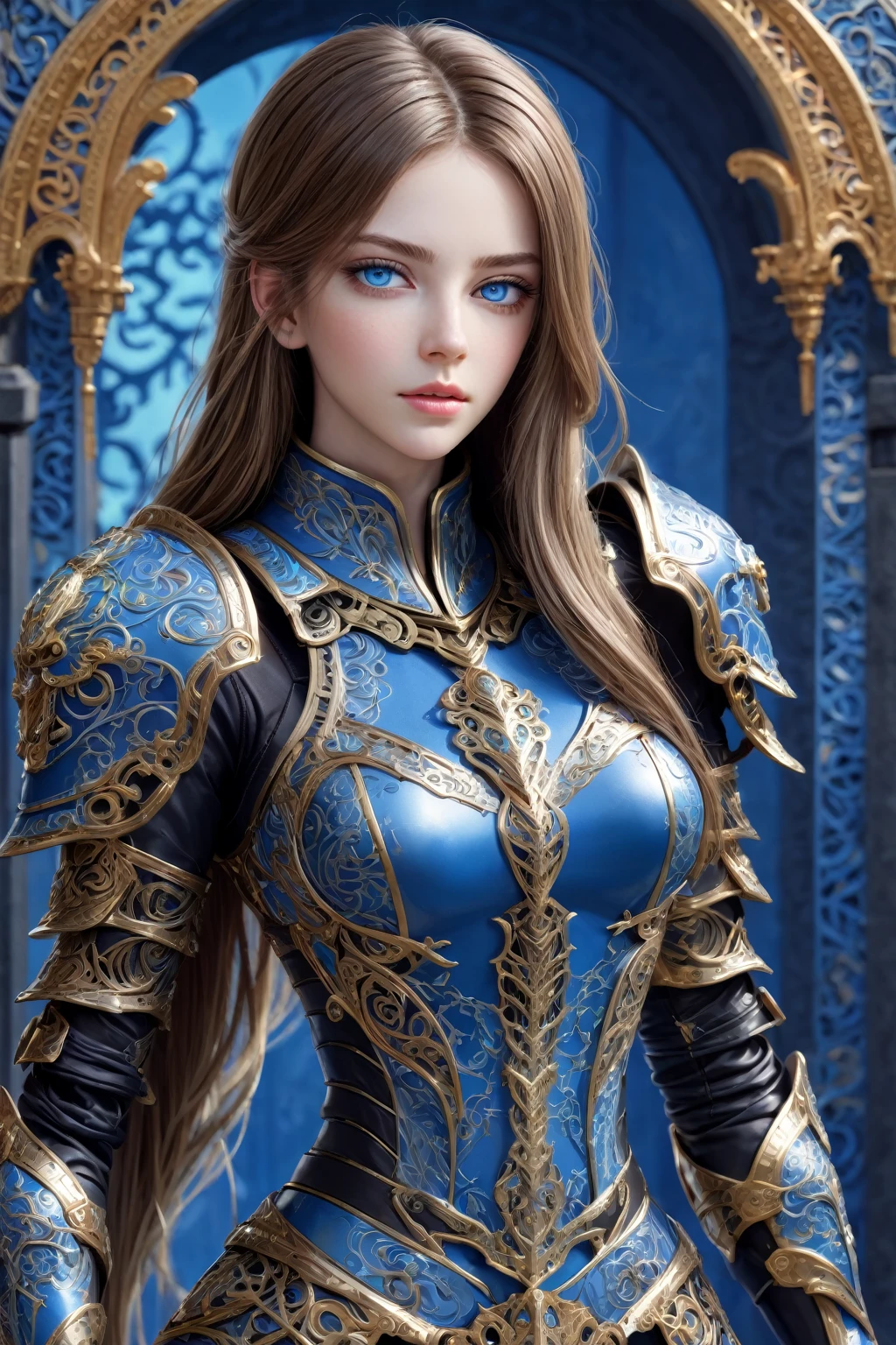 front_view, masterpiece, best quality, photorealistic, raw photo, (1girl, looking at viewer), long hair, mechanical black armor, intricate armor, delicate blue filigree, intricate filigree, golden metalic parts, detailed part, dynamic pose, detailed background, dynamic lighting, (textured skin:1.3), stunningly beautiful western woman, Seductive blue eyes with bright colors and delicate shading, detailed background