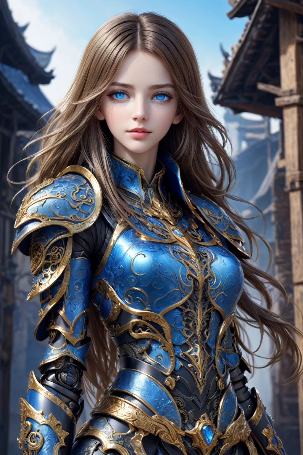 front_view, masterpiece, best quality, photorealistic, raw photo, (1girl, looking at viewer), long hair, mechanical black armor, intricate armor, delicate blue filigree, intricate filigree, golden metalic parts, detailed part, dynamic pose, detailed background, dynamic lighting, (textured skin:1.3), stunningly beautiful western woman, Seductive blue eyes with bright colors and delicate shading, detailed background