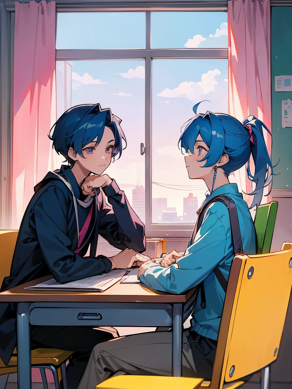 cartoon of two boys sitting at a table with a book and a backpack, ddlc, in the art style of 8 0 s anime, 9 0 s anime style, 90s anime style, in anime style, in an anime style, anime aesthetic, anime vibes, 9 0 s anime aesthetic, 9 0 s anime art style, lofi boy, typical anime classroom, beautiful background window, two cute boys, beautiful faces, two boys, don't extra hands, NO extra hands, generate two boys with NO extra hands, NO extra arm