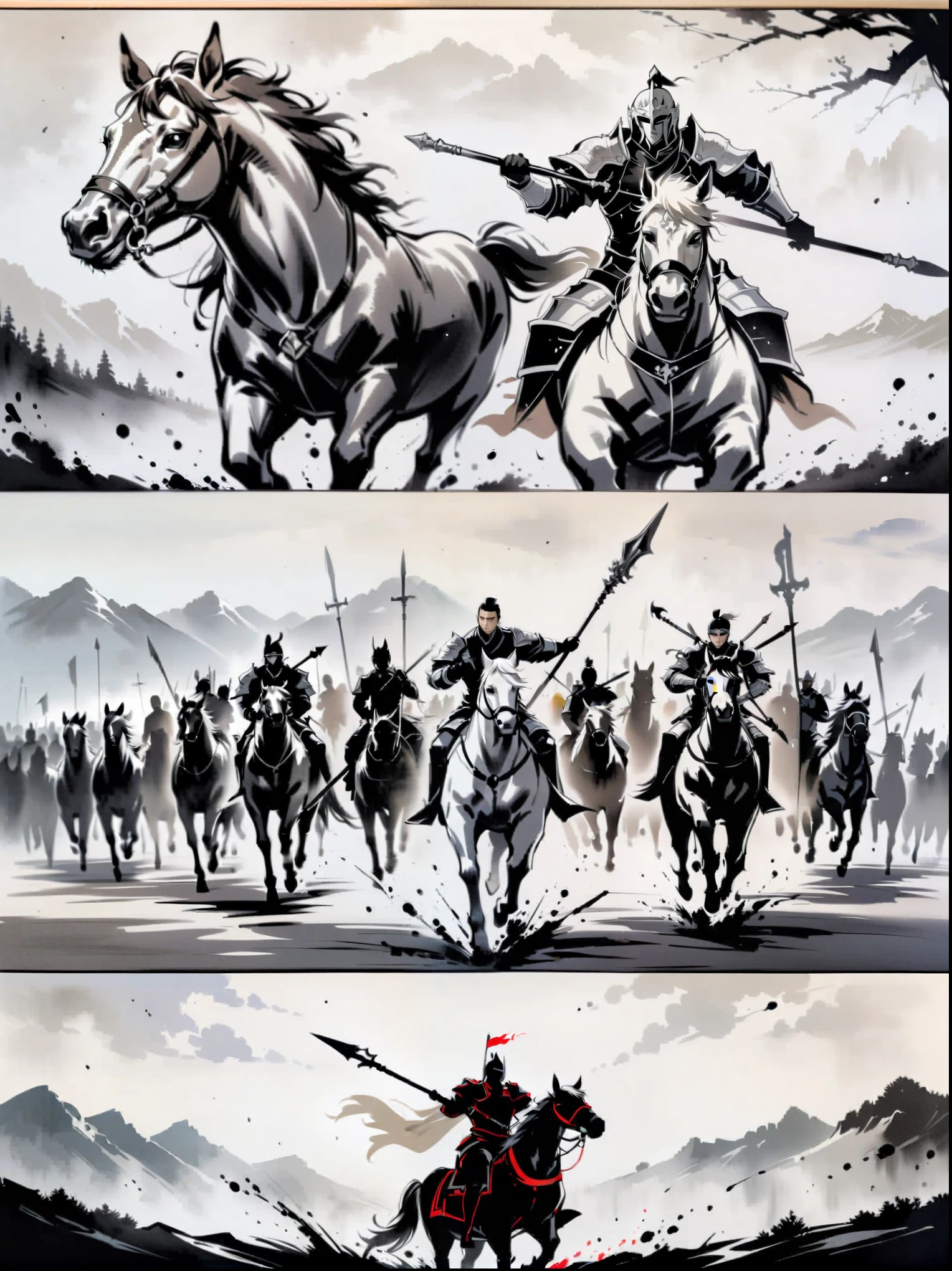 masterpiece,Collage, tree,mountains, ink painting,a painting of a man on a horse with a sword in his hand and a group of men on horses in the background,1boy,holding,monochrome,weapon,greyscale,male focus,sword,holding weapon,armor,helmet,polearm,spear,riding,holding polearm,horse,horseback riding,letterboxed,spot color,