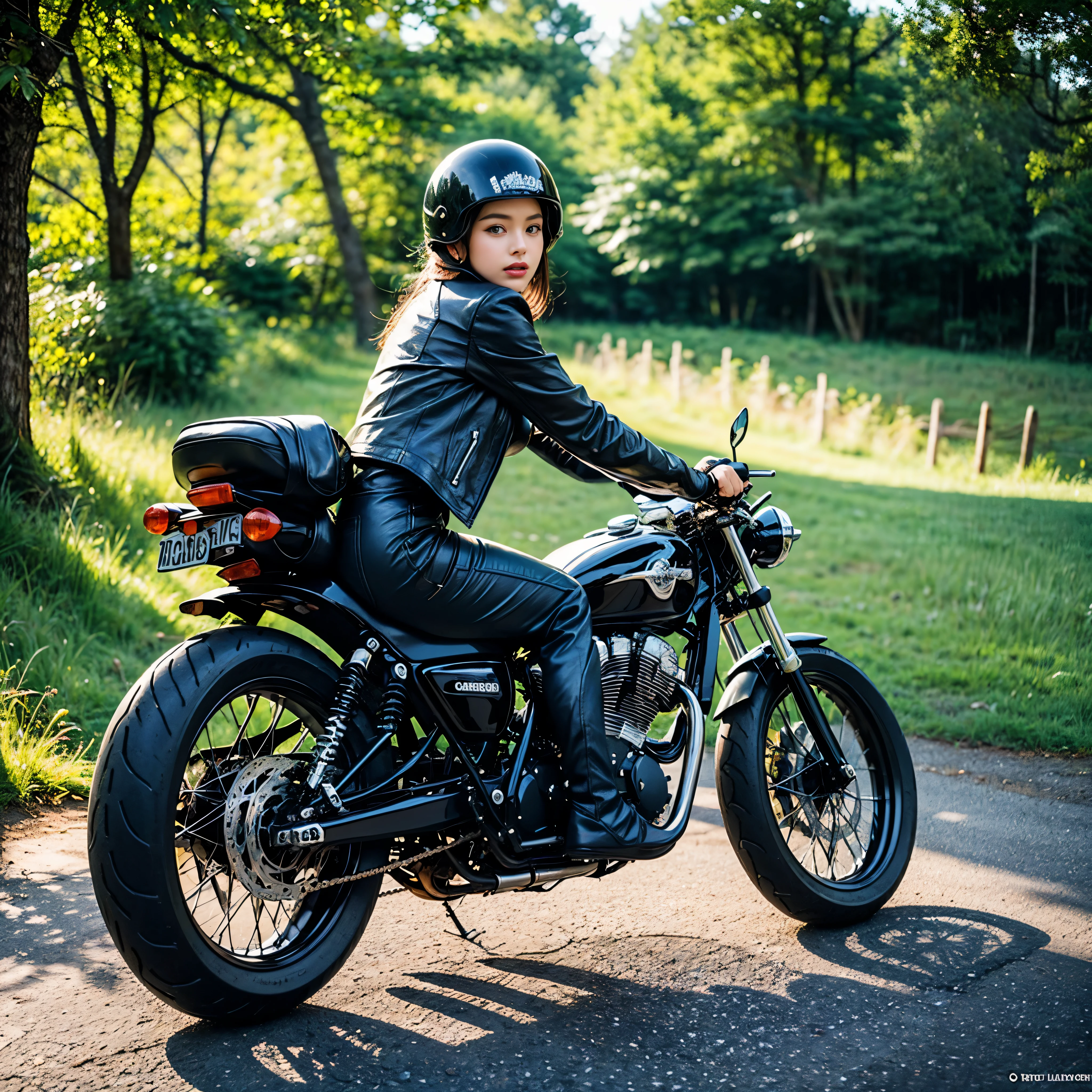 A girl riding a café racer motorcycle, wearing a black leather jacket and black boots, with a retro helmet. The motorcycle has a sleek and glossy black body with silver accents. The girl has beautiful detailed eyes and lips, with long eyelashes. The café racer is speeding through a curved road in the countryside, with trees and green fields in the background. The sunlight is casting a warm and nostalgic glow on the scene. The image should have the best quality, with ultra-detailed rendering and realistic colors. The overall style should be a mix of concept art and photography, with a vintage tone.