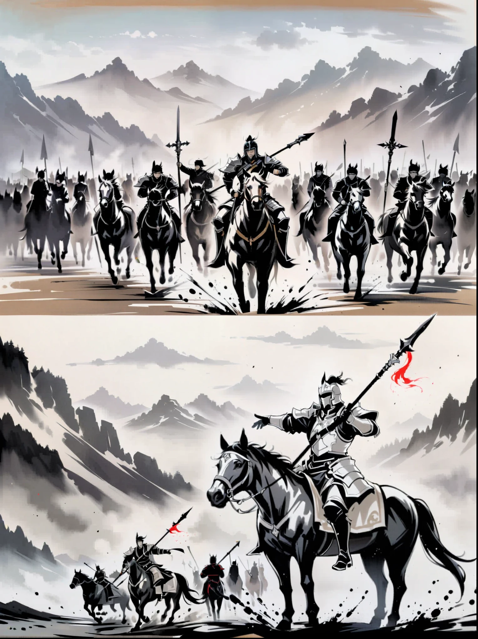 masterpiece,Collage, tree,mountains, ink painting,a painting of a man on a horse with a sword in his hand and a group of men on horses in the background,1boy,holding,monochrome,weapon,greyscale,male focus,sword,holding weapon,armor,helmet,polearm,spear,riding,holding polearm,horse,horseback riding,letterboxed,spot color,