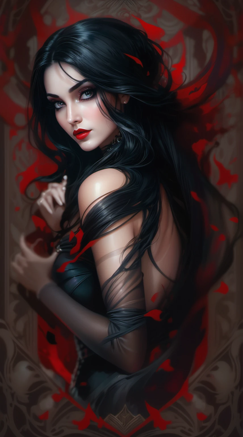 a close up of a woman with long black hair and a red background, charlie bowater rich deep colors, dark fantasy style art, graphic artist magali villeneuve, artgerm and tom bagshaw, style of charlie bowater, gothic fantasy art, charlie bowater art style, charlie bowater character art, magali villeneuve', artstyle tom bagshaw