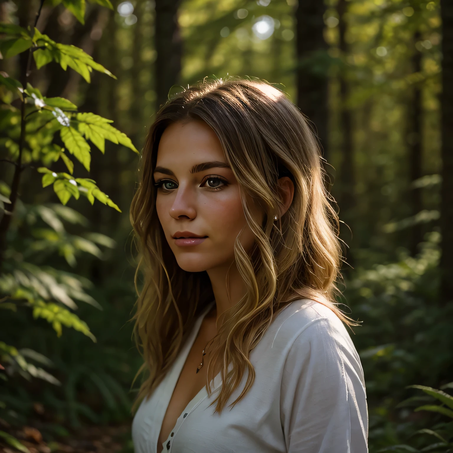 Create a realistic, high-resolution (8k) full-body image of a young, blonde, American woman enjoying a peaceful stroll in the woods, subtle shadows, light shining through the leaves, natural beauty, flowing hair, beautiful detailed eyes, beautiful detailed lips, long eyelashes, gentle breeze
