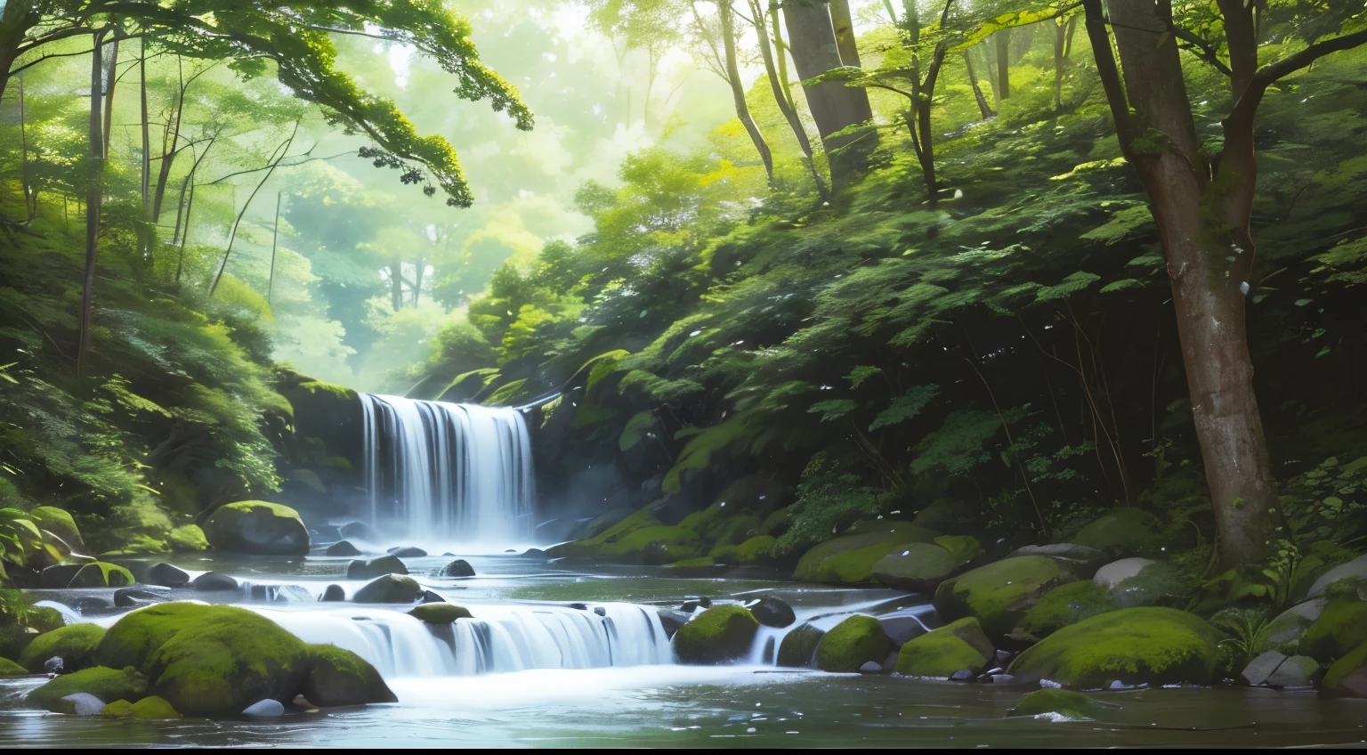 I took a photo of a peaceful moment spent in nature...。wood々Imagine a serene landscape illuminated by soft morning light.。.。gently meandering flow、Surrounded by lush greenery。The overall atmosphere is calm and connected to the natural world.、Highlights the beauty and tranquility of outdoor moments。