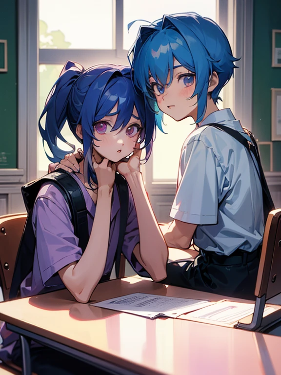 cartoon of two boys sitting at a table with a book and a backpack, ddlc, in the art style of 8 0 s anime, 9 0 s anime style, 90s anime style, in anime style, in an anime style, anime aesthetic, anime vibes, 9 0 s anime aesthetic, 9 0 s anime art style, lofi boy, typical anime classroom, beautiful background window, two cute boys, beautiful faces, two boys, don't extra hands, NO extra hands, generate two boys with NO extra hands, NO extra arm