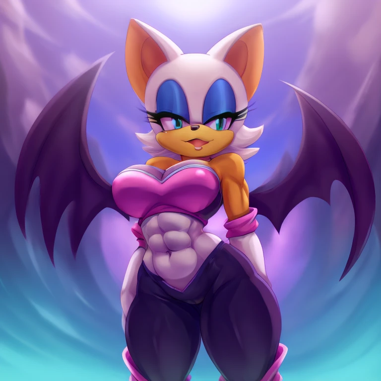 a digital artwork of Rouge the bat with abs wearing a crop top of her original outfit with a bare midriff and a bare navel , digital art, ((perfect face)), ((best quality)), ((masterpiece))