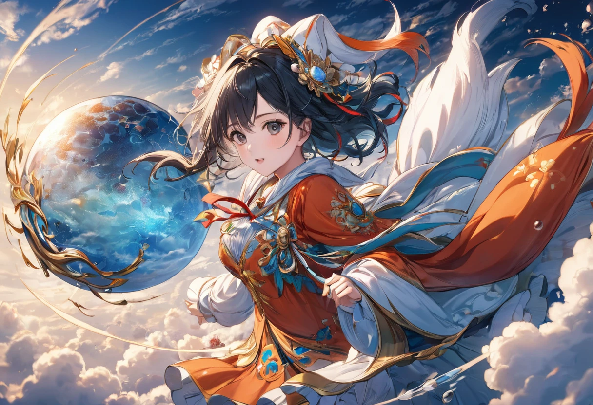 (masterpiece, best quality:1.2), bite_style,1 person,girl,cloud,Tianguan,animation