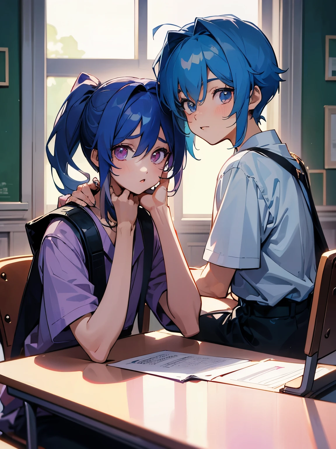 cartoon of two boys sitting at a table with a book and a backpack, ddlc, in the art style of 8 0 s anime, 9 0 s anime style, 90s anime style, in anime style, in an anime style, anime aesthetic, anime vibes, 9 0 s anime aesthetic, 9 0 s anime art style, lofi boy, typical anime classroom, beautiful background window, two cute boys, beautiful faces, two boys, don't extra hands, NO extra hands, generate two boys with NO extra hands, NO extra arm
