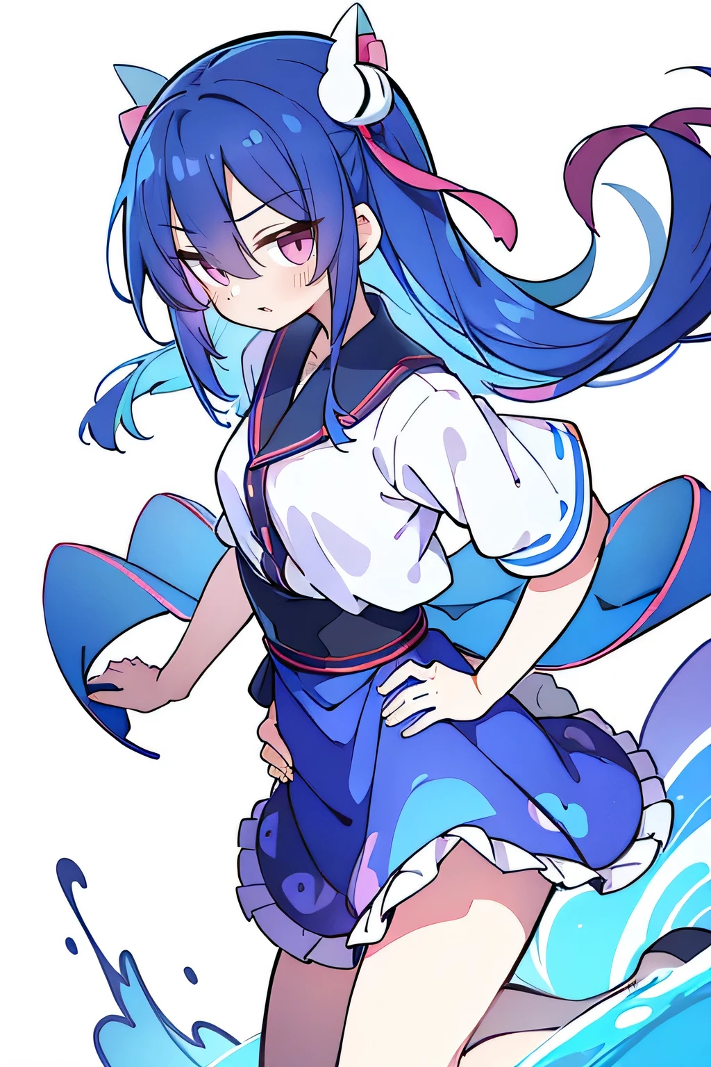 (best quality, masterpiece:1.2), expressive eyes, flawless face, 1 girl, hands on waist, beautiful, elegant, Japanese anime, girl, Lola, Hinata Angel, blue hair, edgy blue hair, floating dress, waist grab, waist grab, hands on hips, sitting, sitting on the ground, legs on the ground, flat-chested, purple eyes