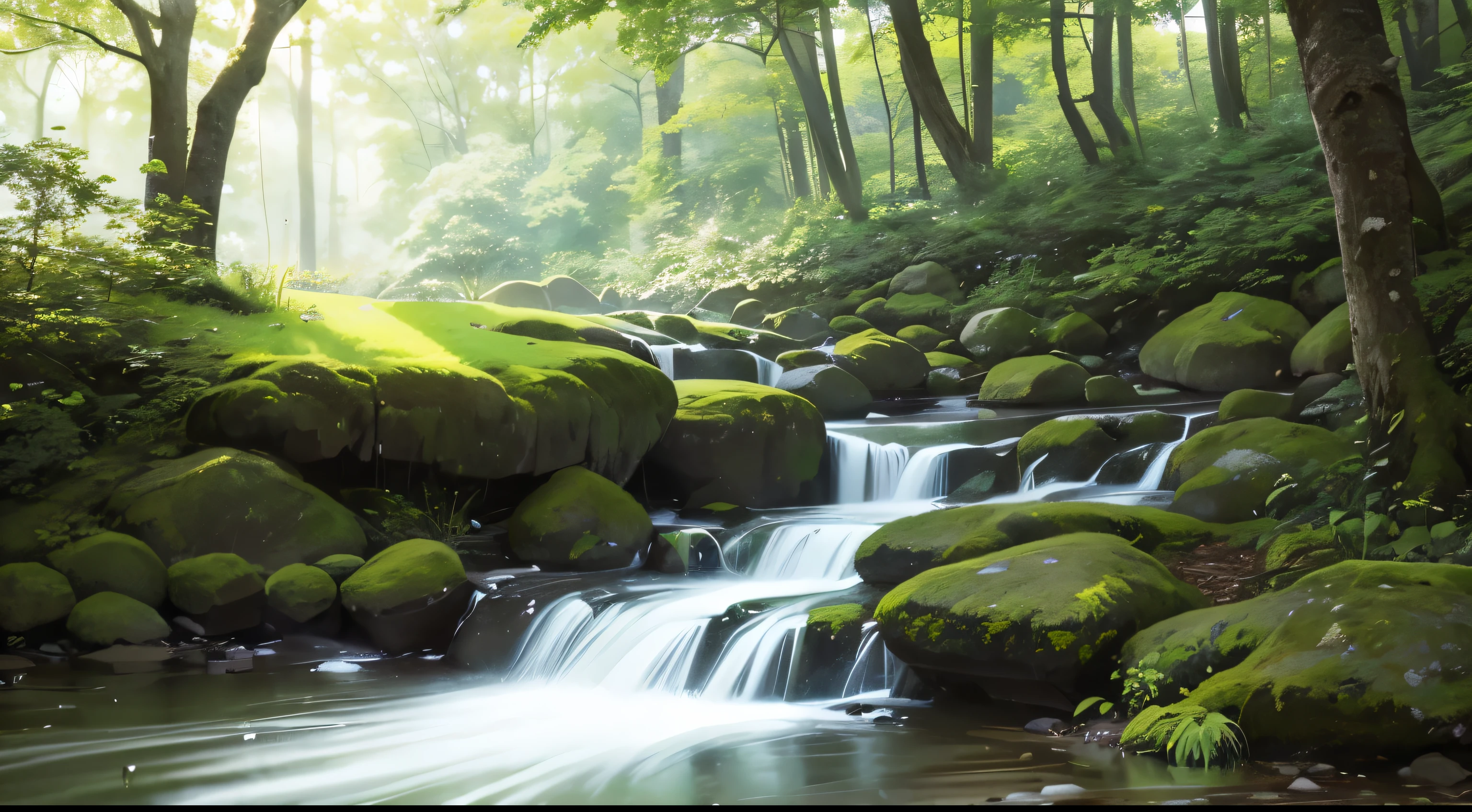 I took a photo of a peaceful moment spent in nature...。wood々Imagine a serene landscape illuminated by soft morning light.。.。gently meandering flow、Surrounded by lush greenery。The overall atmosphere is calm and connected to the natural world.、Highlights the beauty and tranquility of outdoor moments。